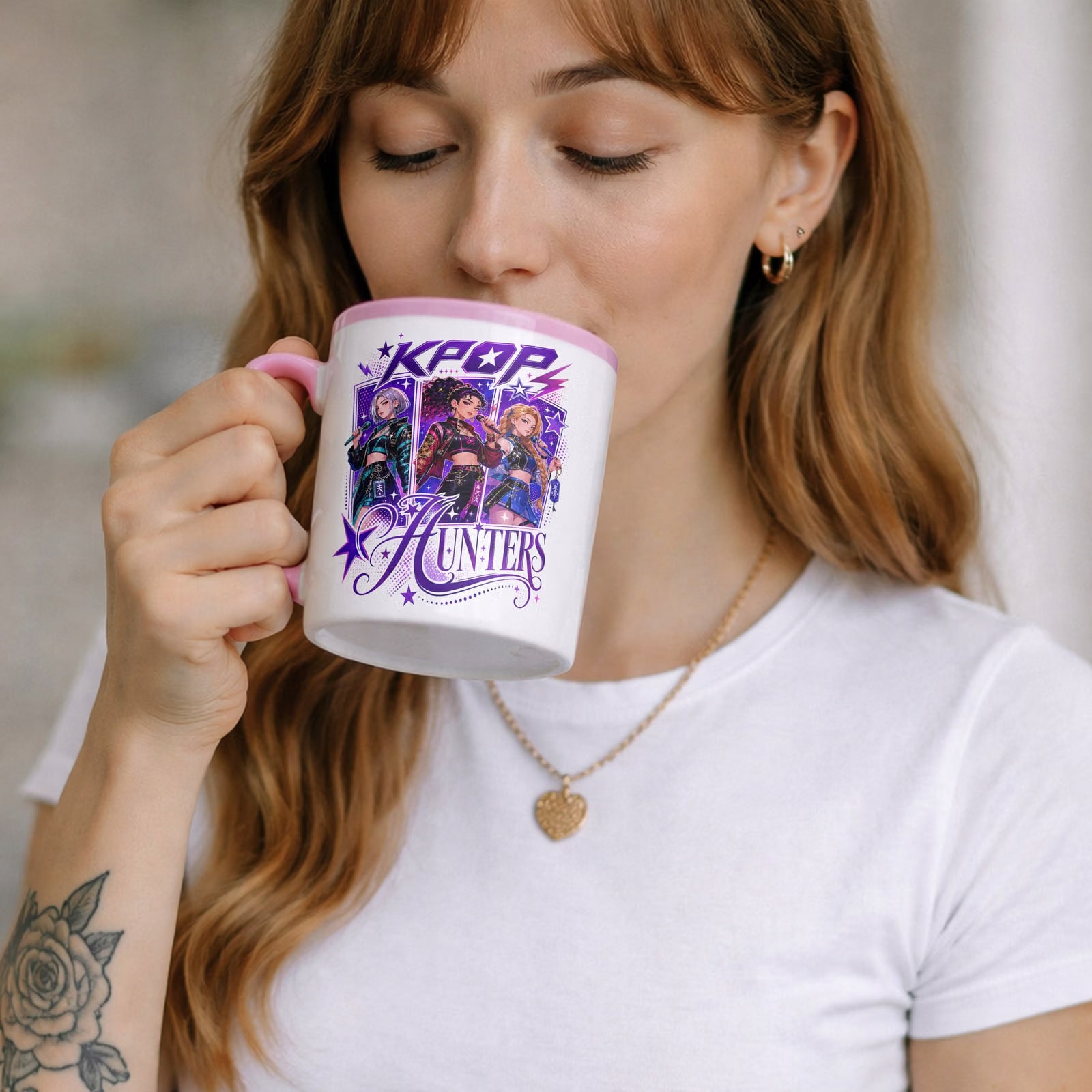 Zestaw Kubek Różowy Poduszka Z Nadrukiem ŁOWCZYNIE KPOP Prezent