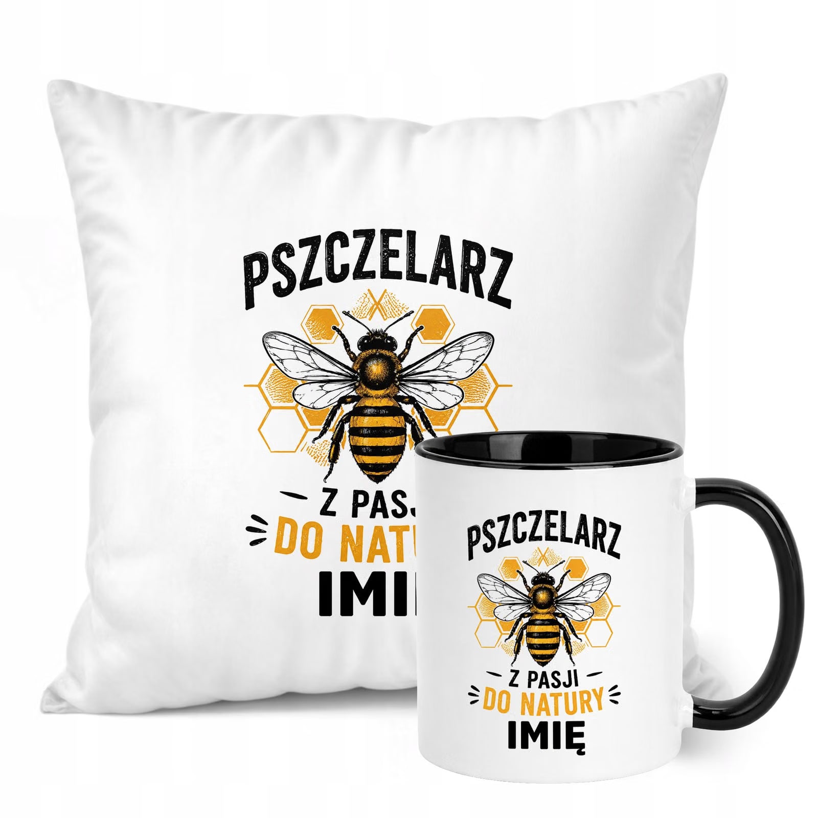 Zestaw Personalizowany Kubek Czarny Poduszka Z Nadrukiem Dla Pszczelarza