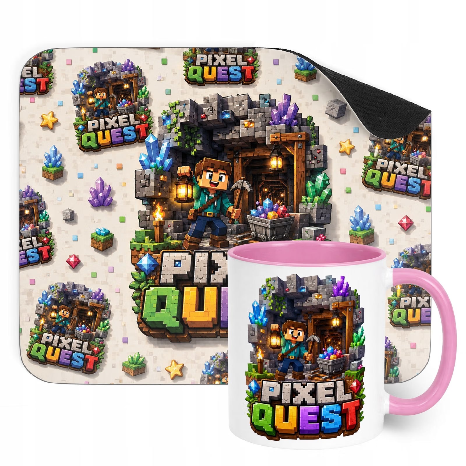 Zestaw Kubek Różowy Podkładka pod mysz z nadrukiem gra Pixel Quest