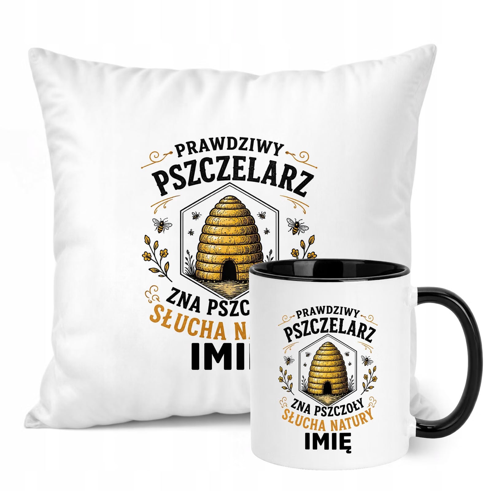 Zestaw Personalizowany Kubek Czarny Poduszka Z Nadrukiem Dla Pszczelarza