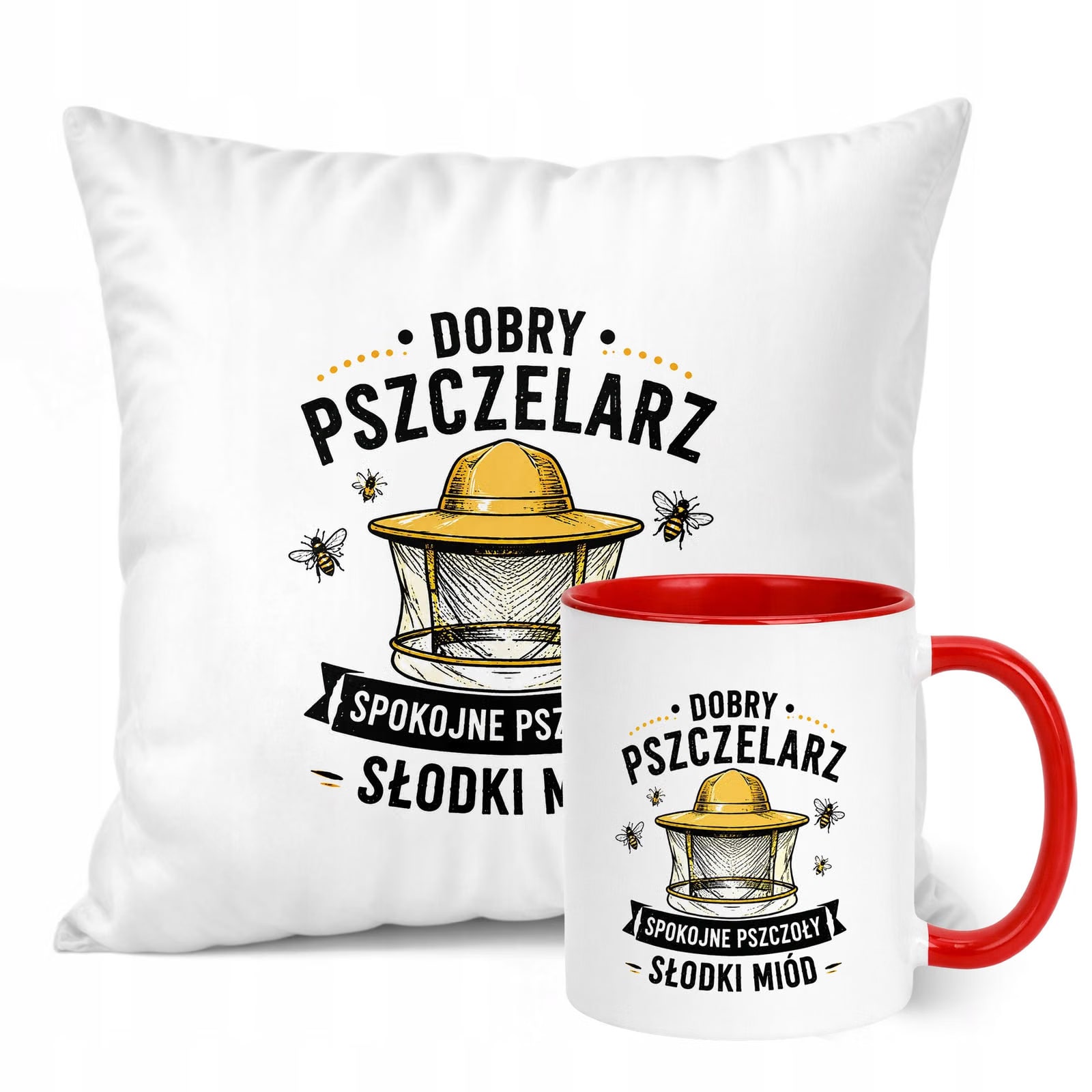 Zestaw Kubek Czerwony Poduszka Z Nadrukiem Dla Pszczelarza Prezent