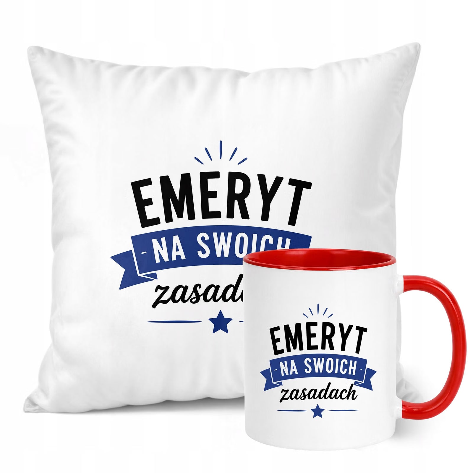 Zestaw Kubek Czerwony Poduszka Z Nadrukiem Emerytura Dla Emeryta Prezent