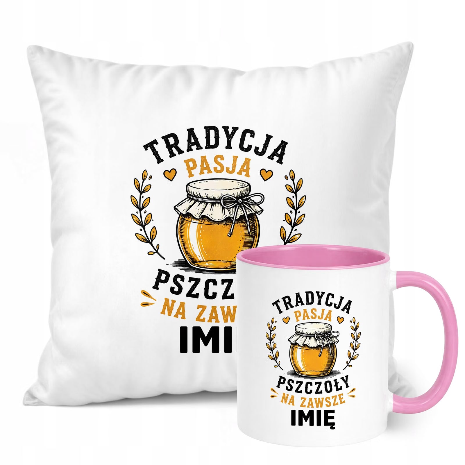 Zestaw Personalizowany Kubek Różowy Poduszka Z Nadrukiem Dla Pszczelarza
