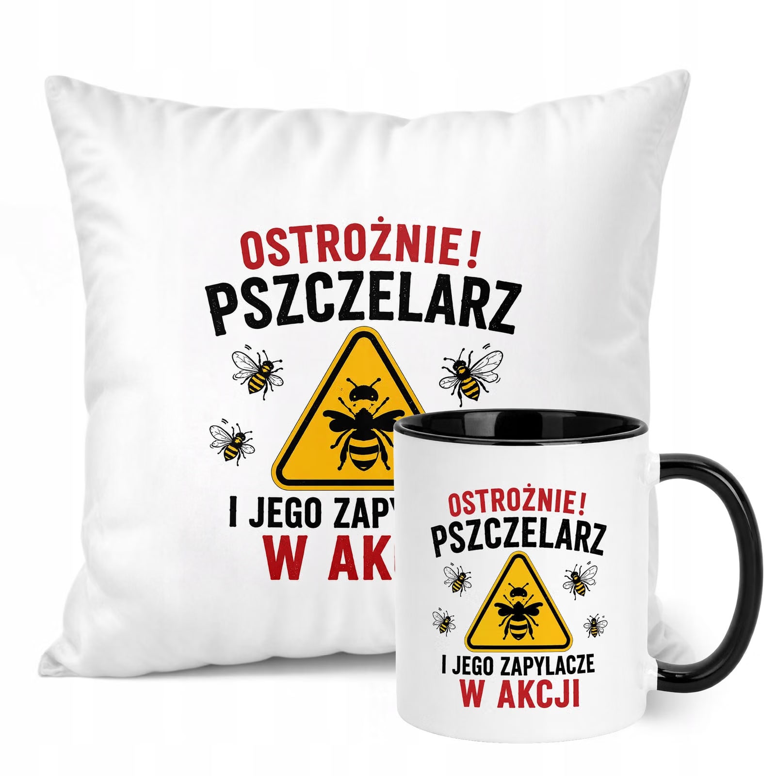 Zestaw Kubek Czarny Poduszka Z Nadrukiem Dla Pszczelarza Prezent
