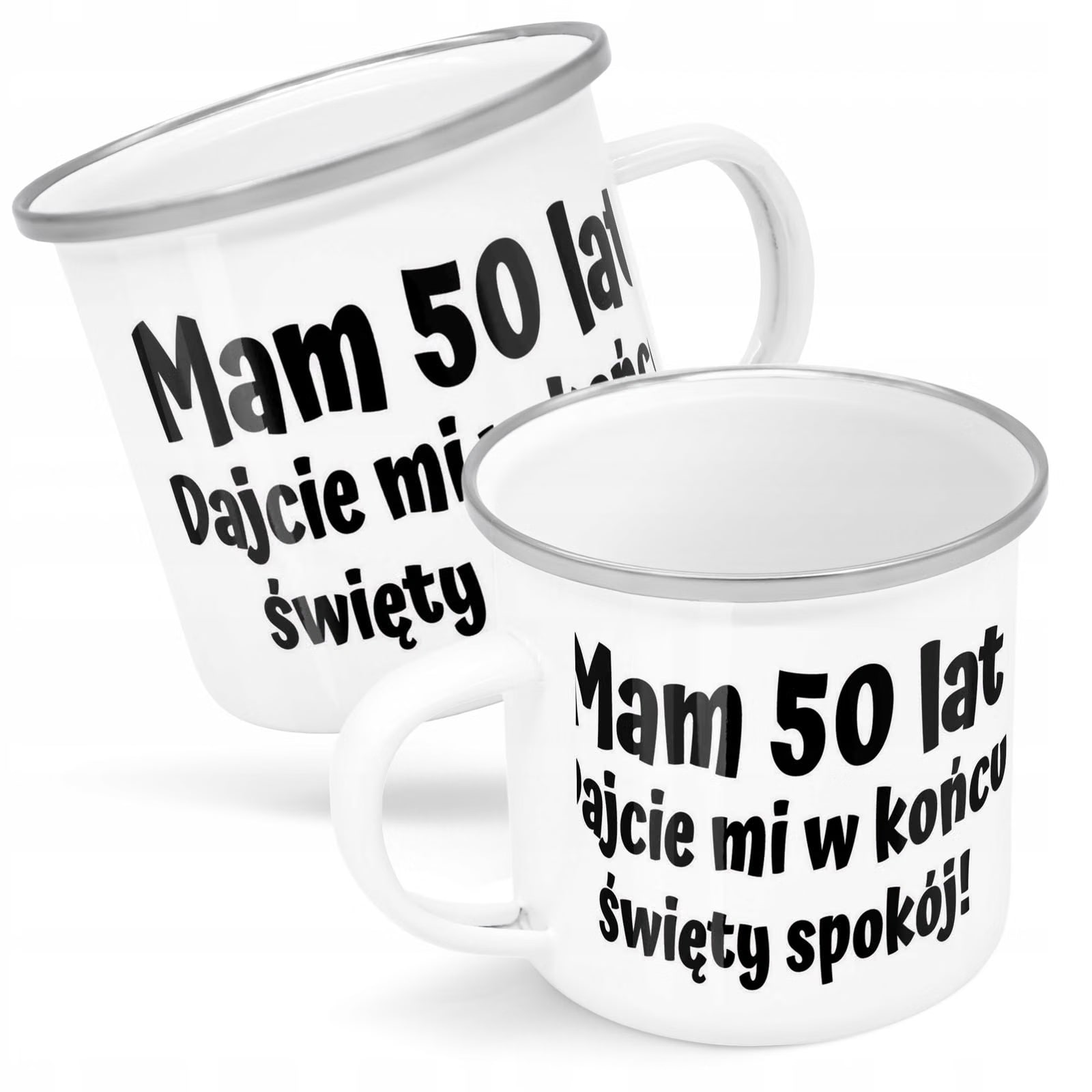 Kubek Emaliowany Mam 50 Lat Urodziny Prezent z Nadrukiem Biały Metalowy