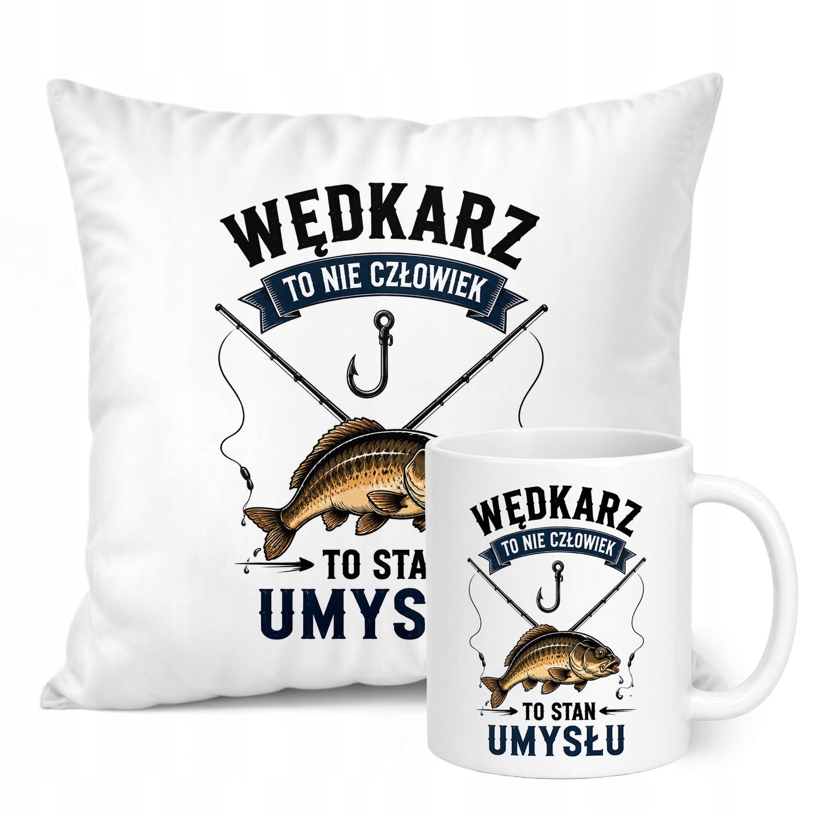 Zestaw Kubek Biały Poduszka Z Nadrukiem Dla Wędkarza Upominek Prezent