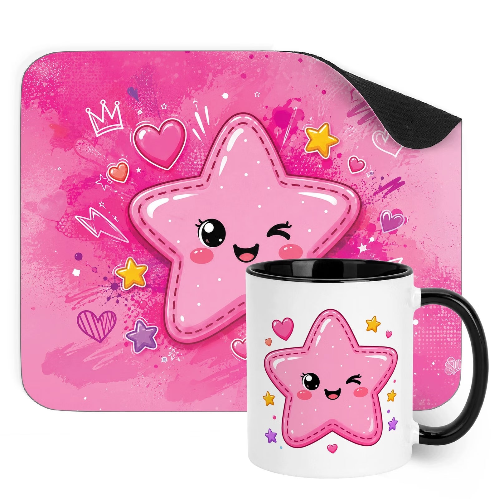 Zestaw Kubek Czarny Podkładka pod mysz z nadrukiem Kawaii Gwiazdka