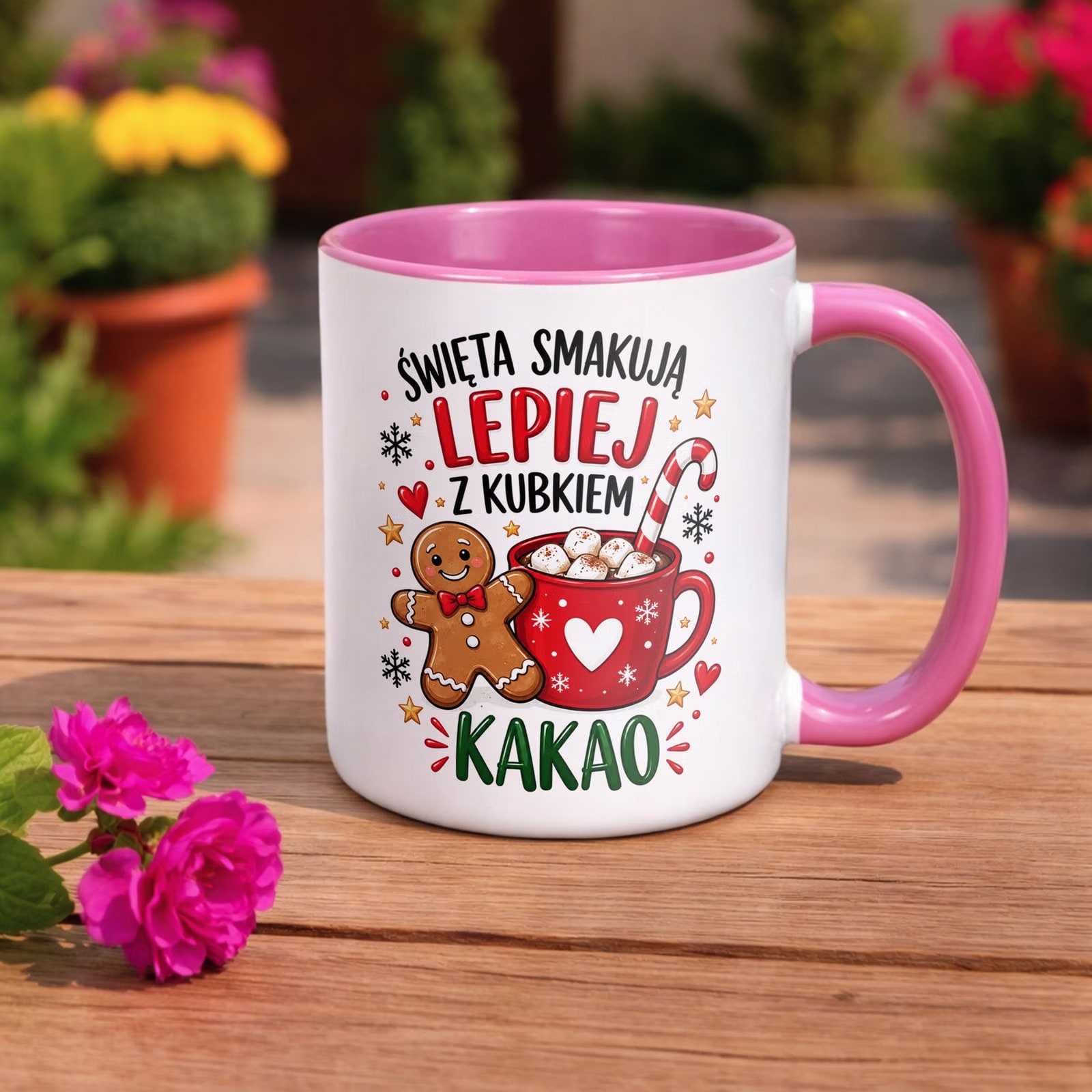Kubek Różowy Boże Narodzenie Mikołajki Święta Kakao Piernik Prezent