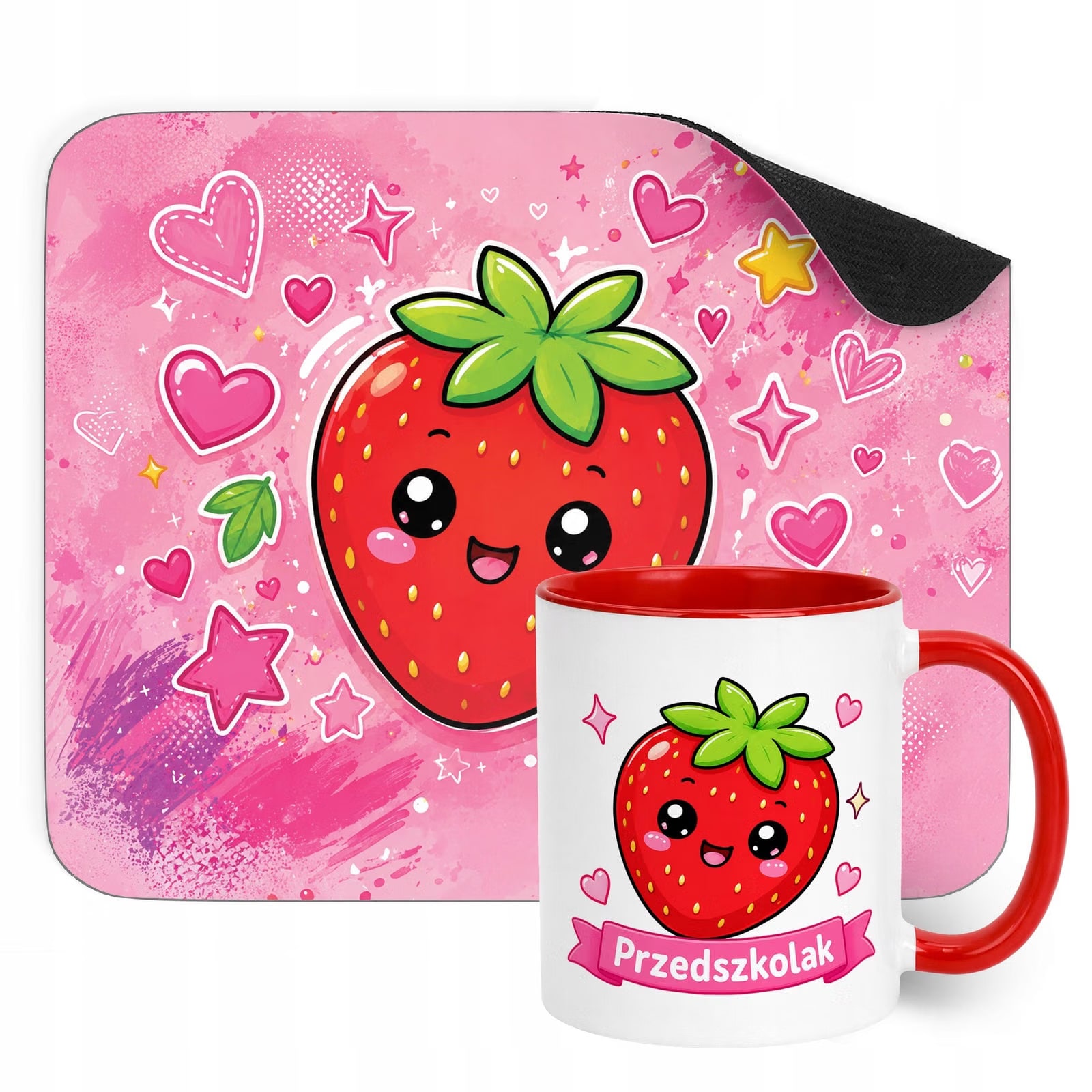 Zestaw Kubek Czerwony Podkładka pod mysz z nadrukiem Kawaii Truskawka