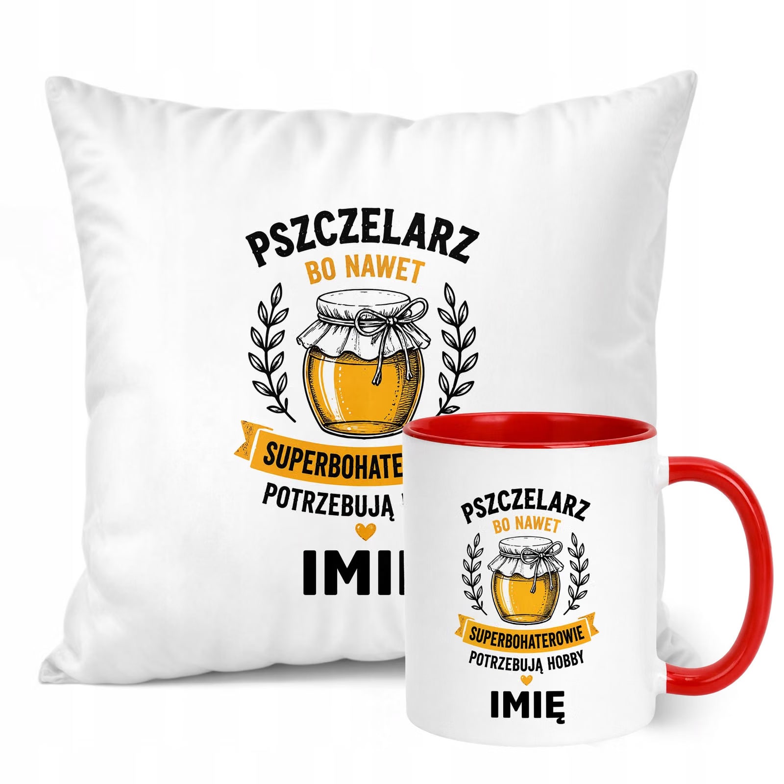 Zestaw Personalizowany Kubek Czerwony Poduszka Z Nadrukiem Dla Pszczelarza