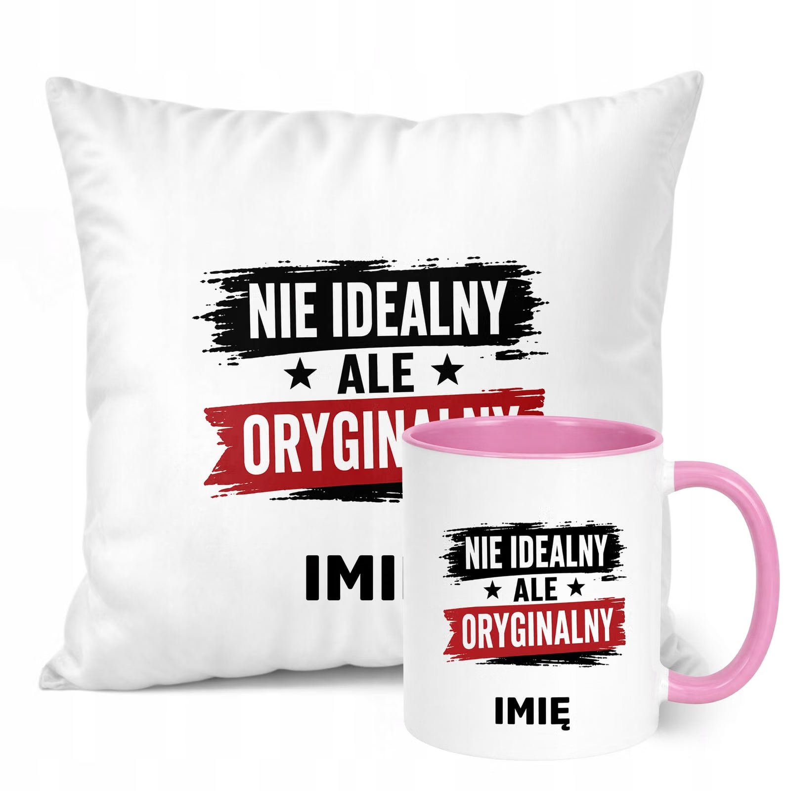 Zestaw Personalizowany Kubek Różowy Poduszka Dzień Chłopaka Z Nadrukiem
