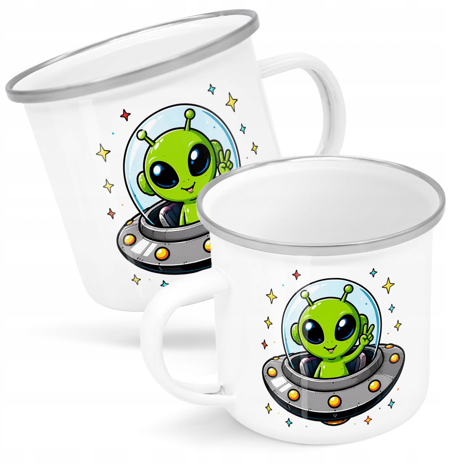 Kubek Emaliowany Kosmita UFO z Nadrukiem Biały Metalowy Prezent