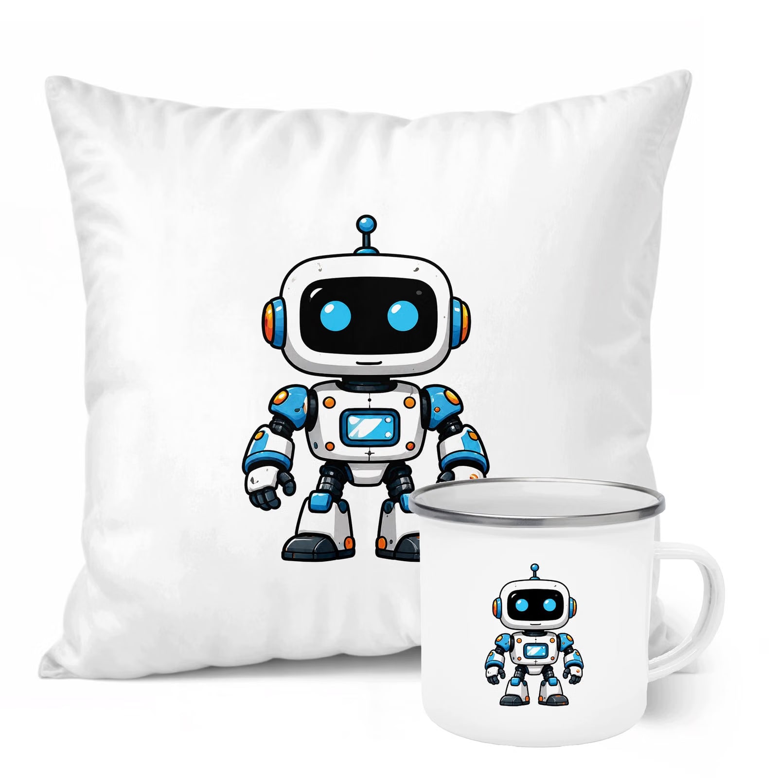 Zestaw Kubek Emaliowany Poduszka Z Nadrukiem Robot Prezent