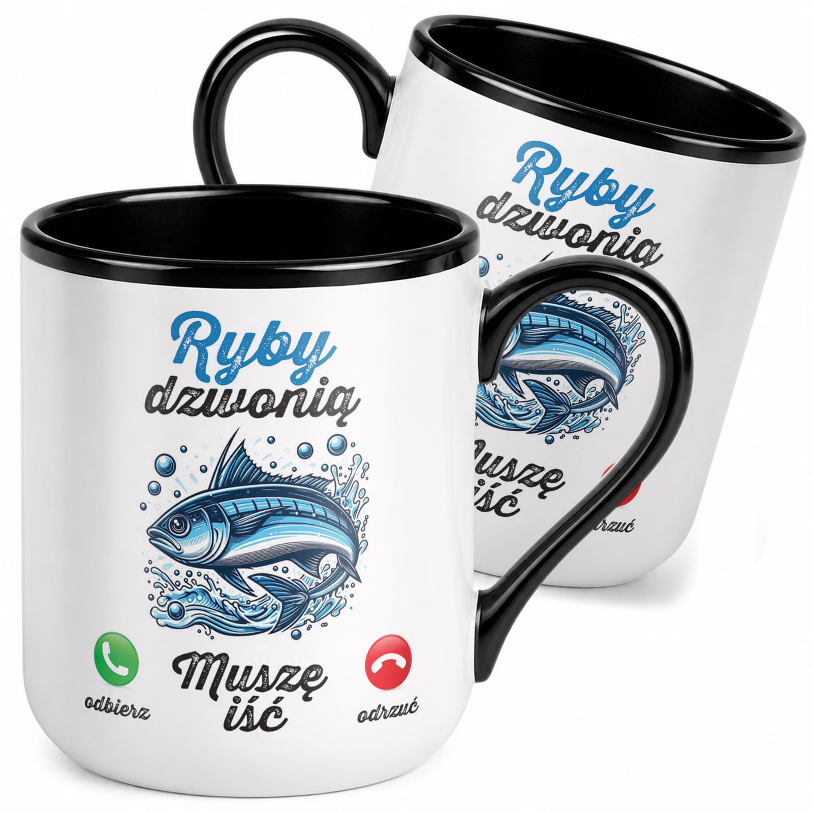 Kubek z nadrukiem Premium Czarny Dla Wędkarza Ryby Dzwonią Prezent