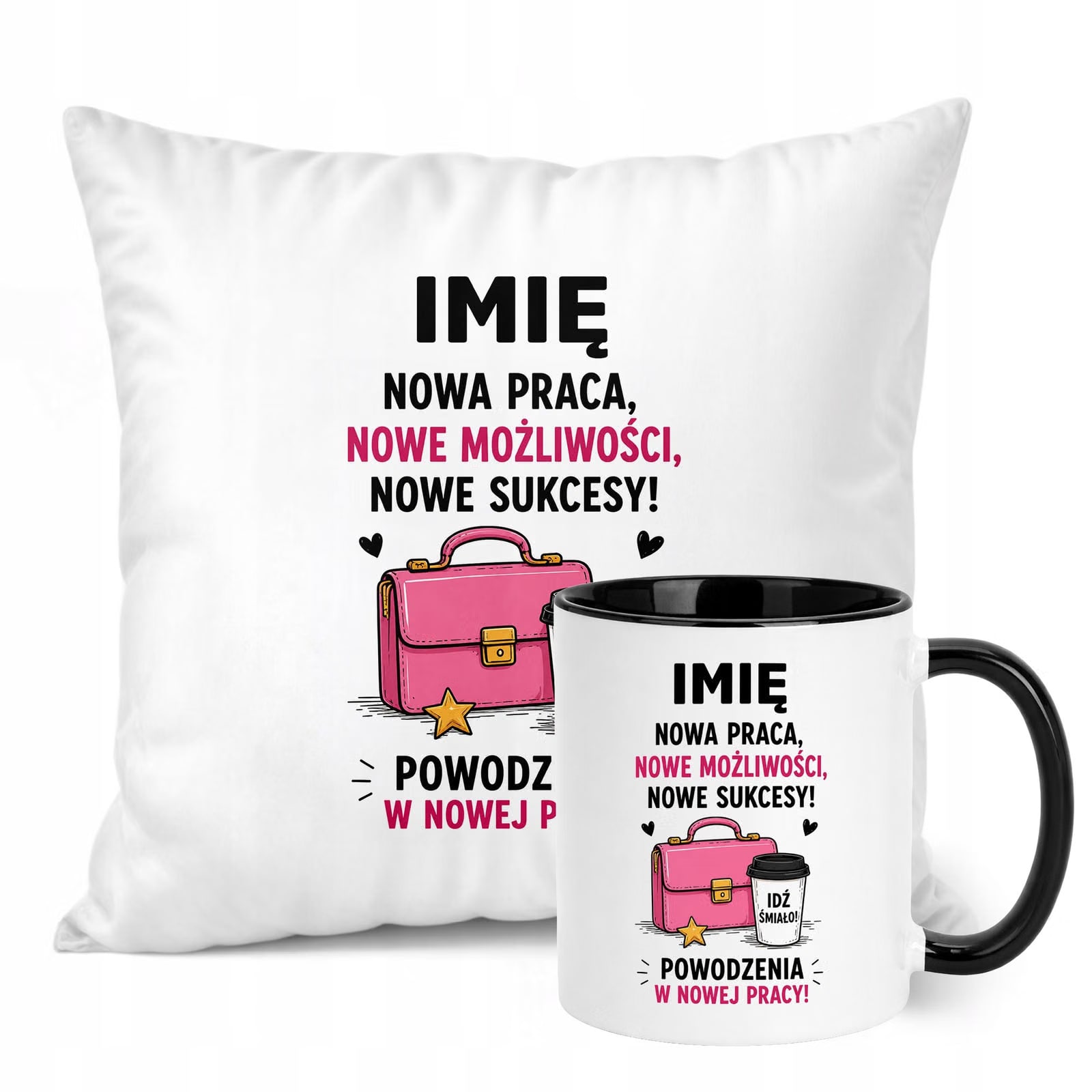 Zestaw Personalizowany Kubek Czarny Poduszka Odejście z Pracy Prezent