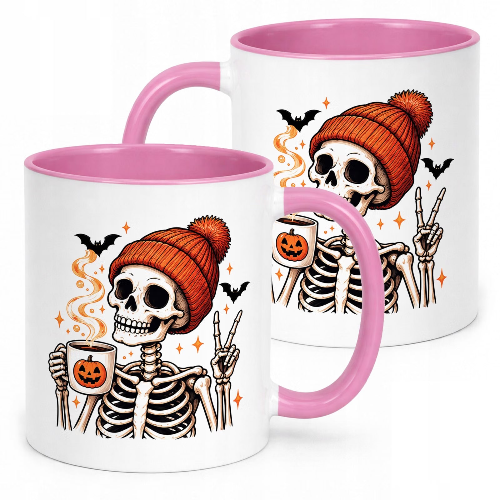 Kubek Różowy z Nadrukiem Halloween Jesień Szkielet Dynia Prezent