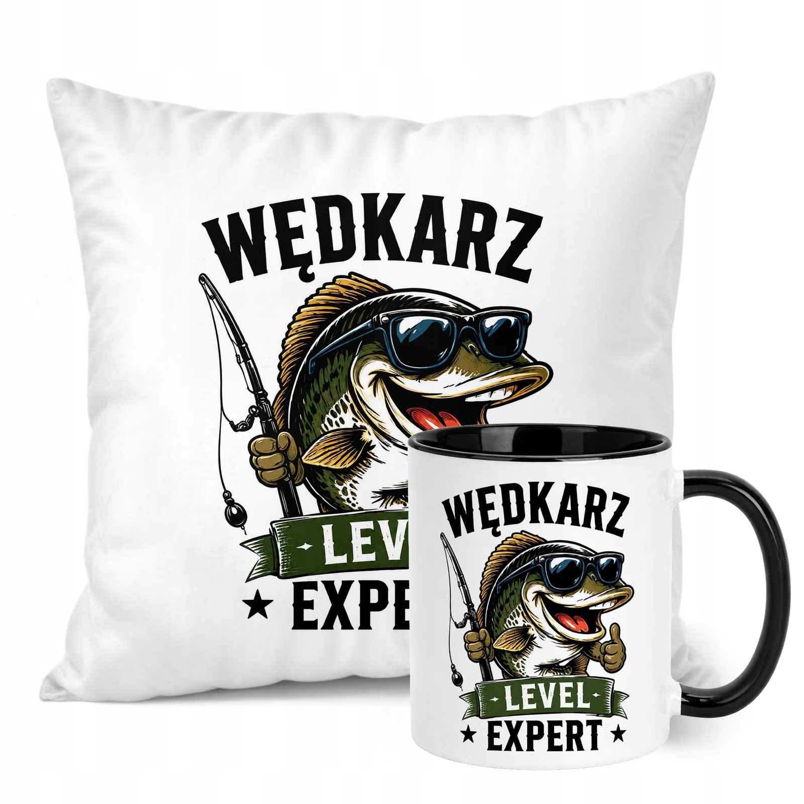 Zestaw Kubek Czarny Poduszka Z Nadrukiem Dla Wędkarza Prezent