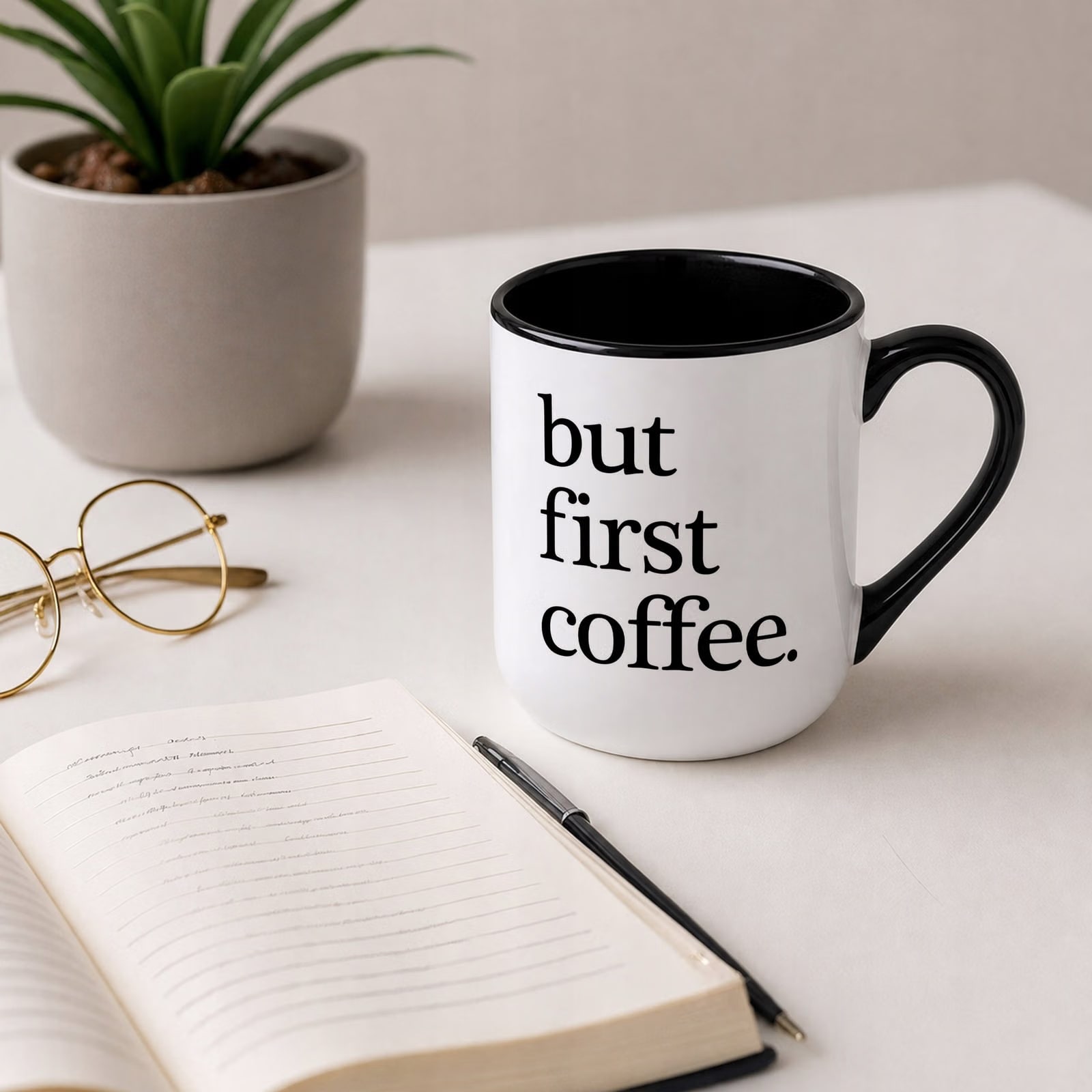 Kubek z nadrukiem Premium Czarny But First Coffee Dla Fana Kawy Prezent