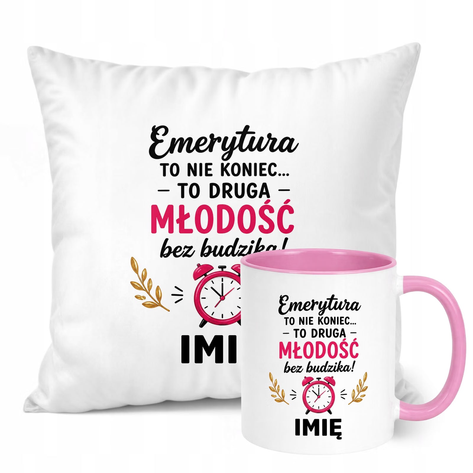 Zestaw Personalizowany Kubek Różowy Poduszka Emerytura Upominek Prezent
