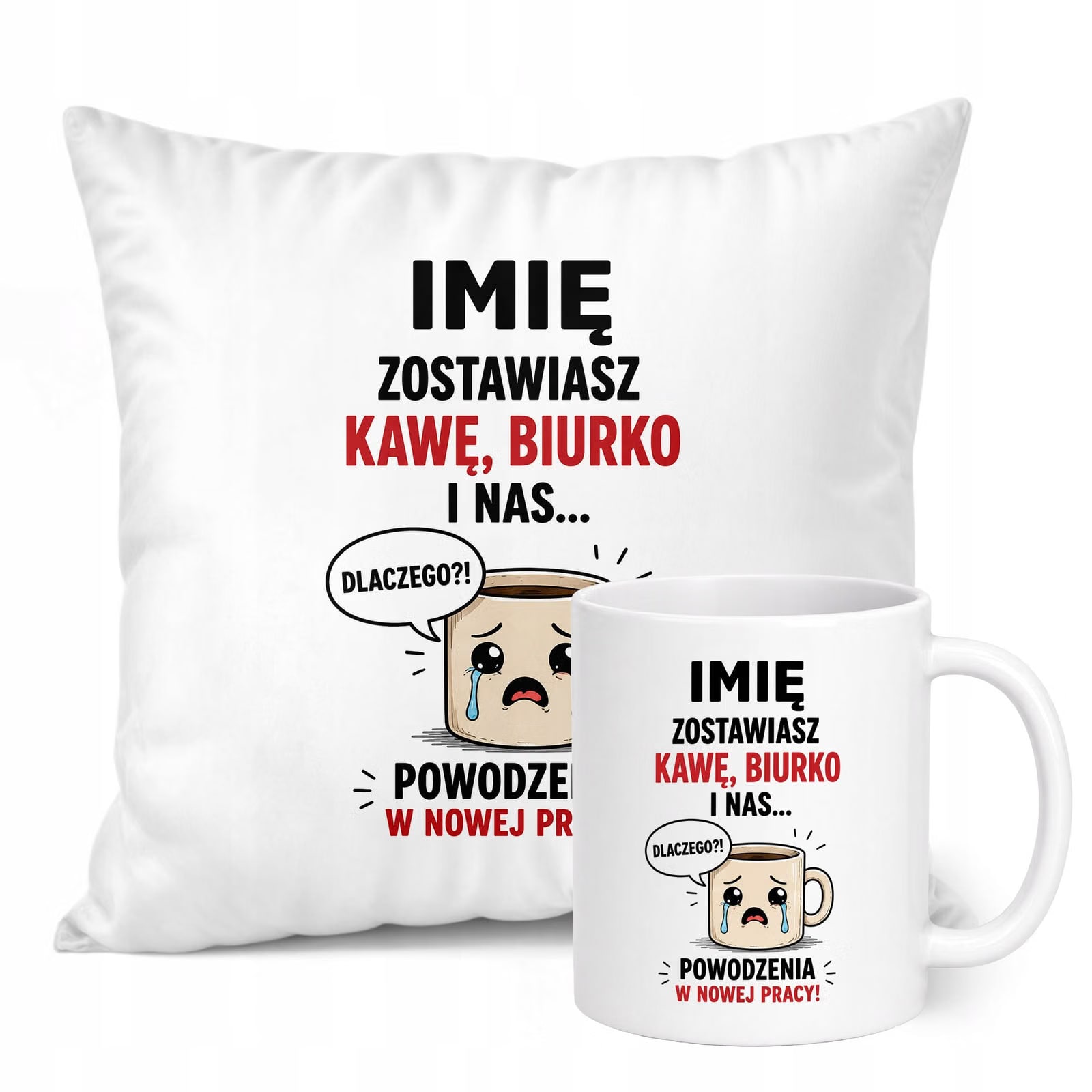 Zestaw Personalizowany Kubek Biały Poduszka Odejście z Pracy Prezent