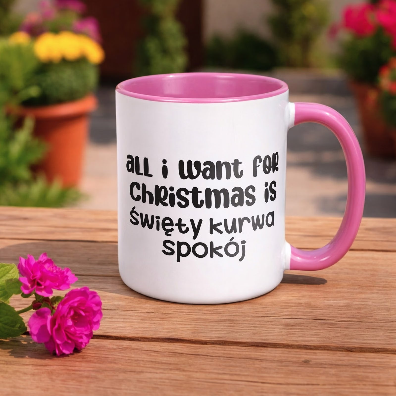 Kubek Różowy z Nadrukiem Boże Narodzenie All I Want For Christmas Prezent