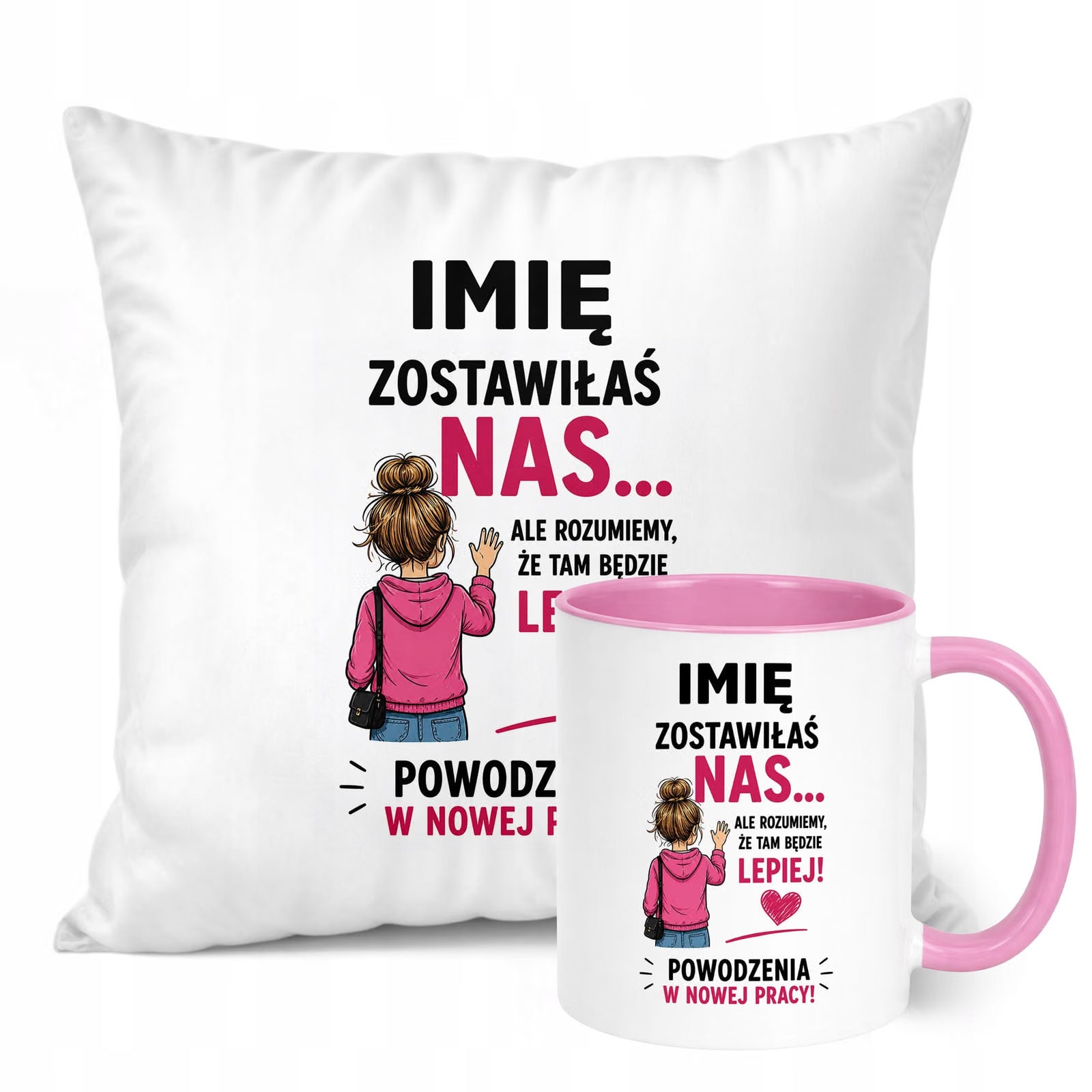 Zestaw Personalizowany Kubek Różowy Poduszka Odejście z Pracy Prezent