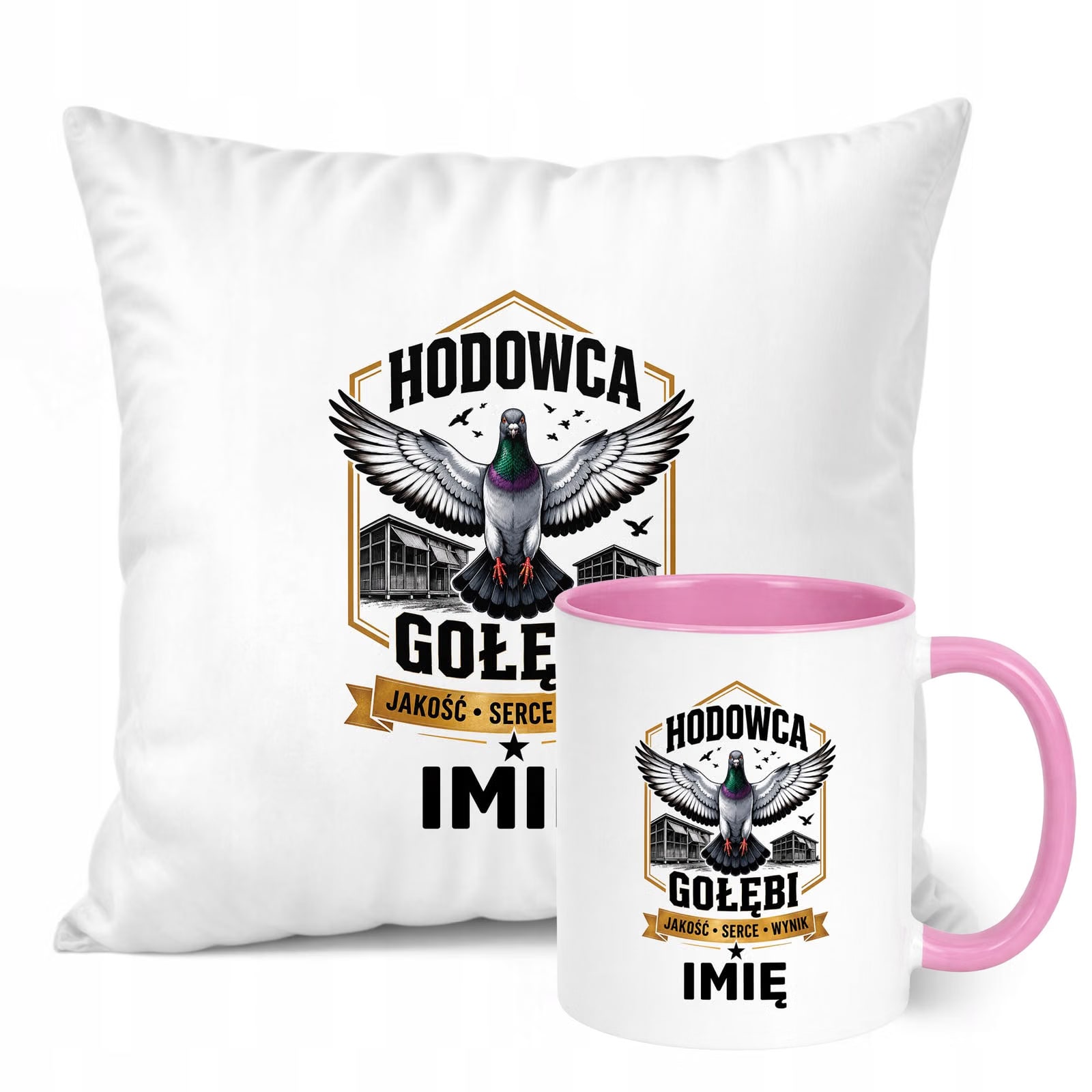Zestaw Personalizowany Kubek Różowy Poduszka Z Nadrukiem Dla Gołębiarza