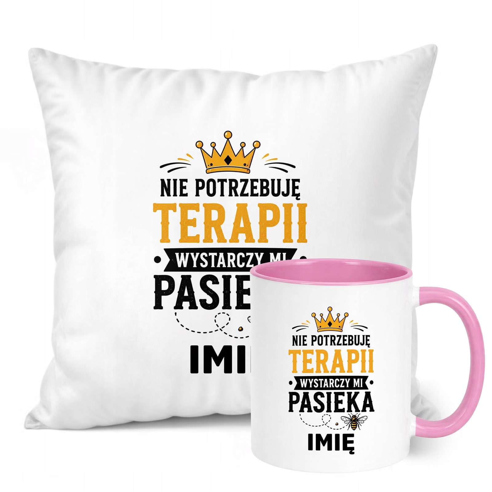 Zestaw Personalizowany Kubek Różowy Poduszka Z Nadrukiem Dla Pszczelarza