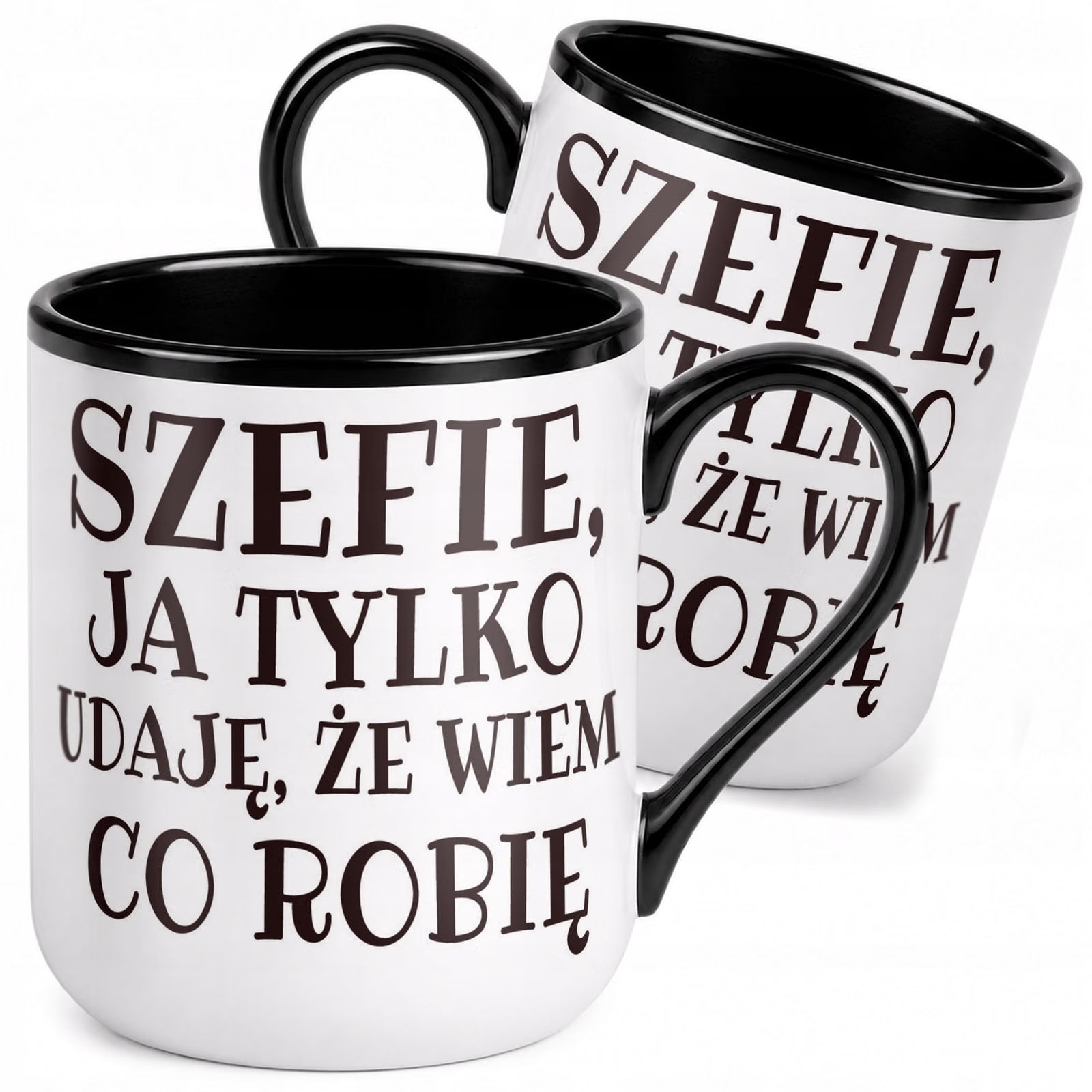 Kubek z nadrukiem Premium Czarny Szefie Ja Tylko Udaje Upominek Prezent