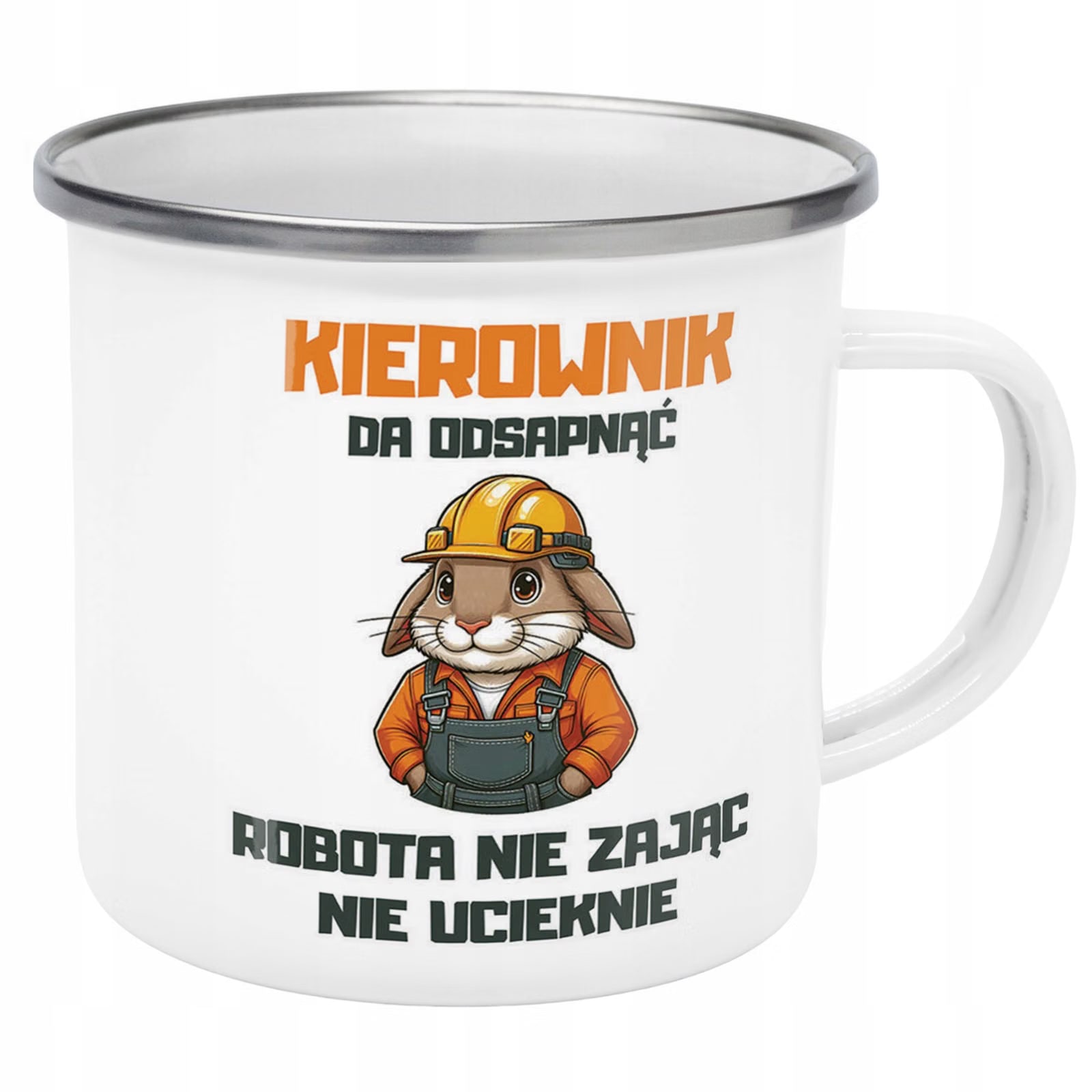 Kubek Emaliowany Kierownik da odsapnąć Do Pracy z Nadrukiem Biały Metalowy