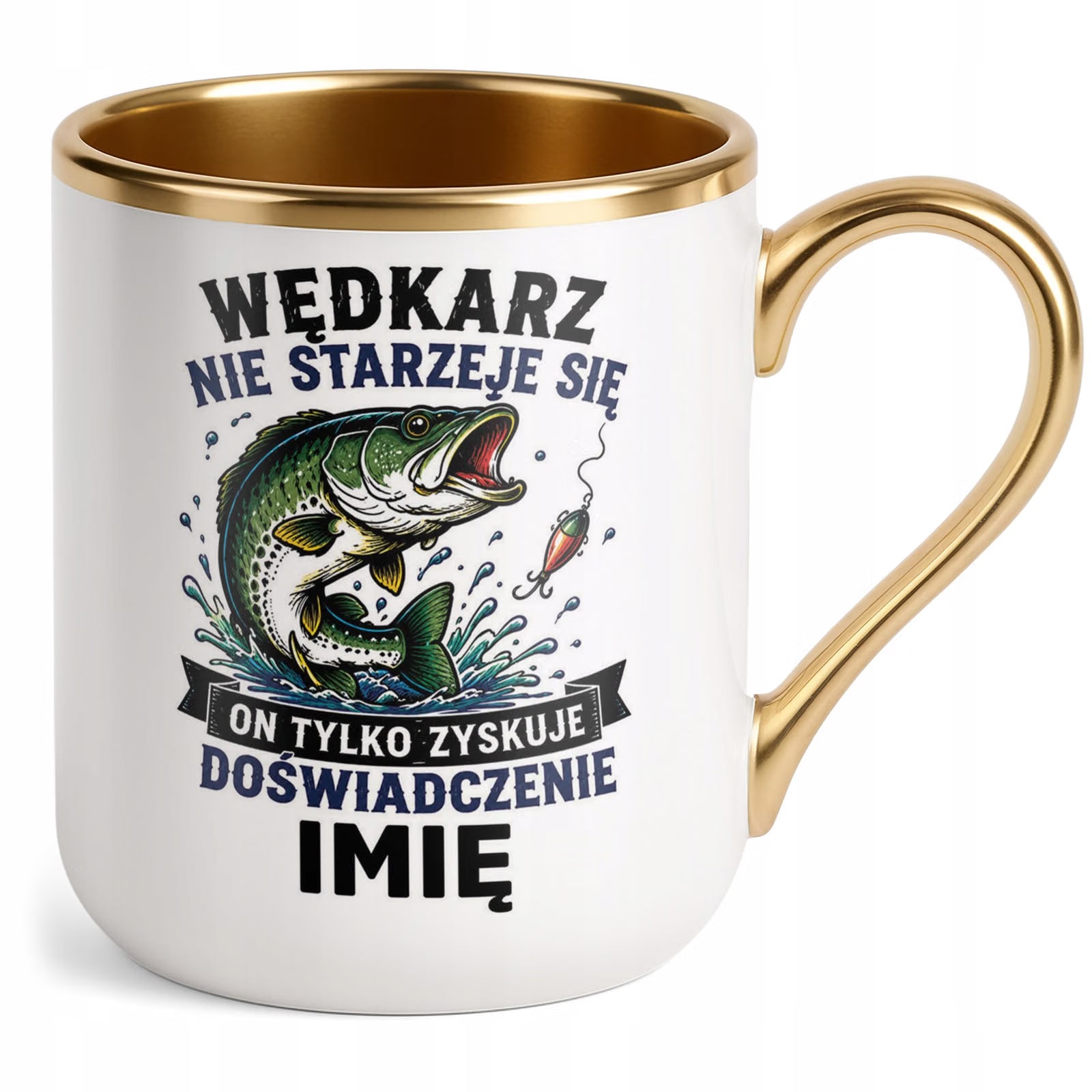 Kubek Personalizowany z nadrukiem Premium Złoty Dla Wędkarza Prezent