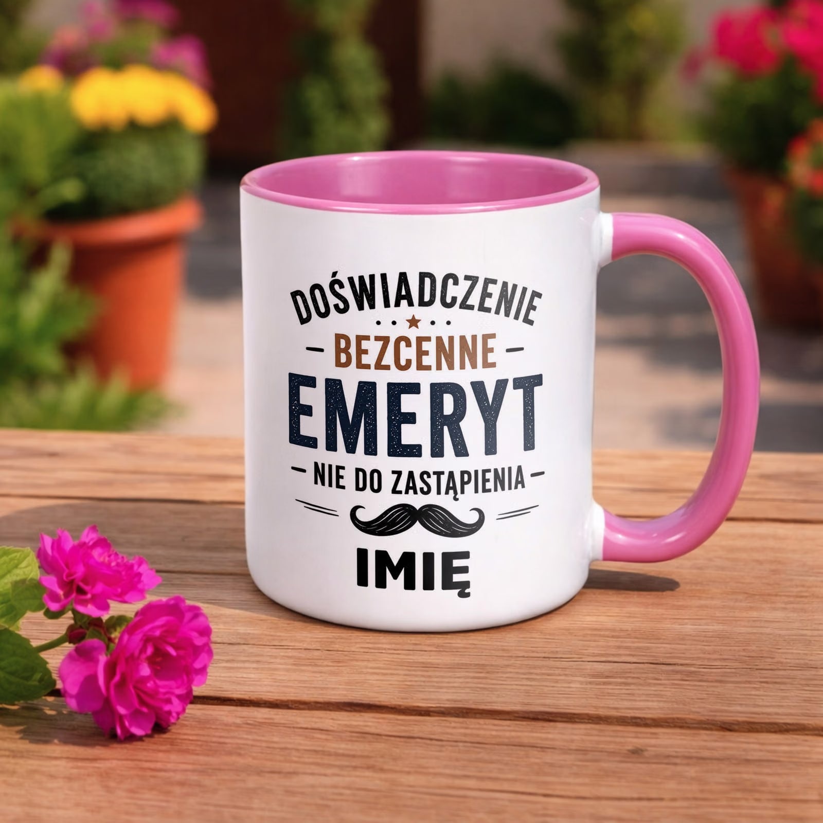 Kubek Różowy Personalizowany z Nadrukiem Emerytura Dla Emeryta Prezent