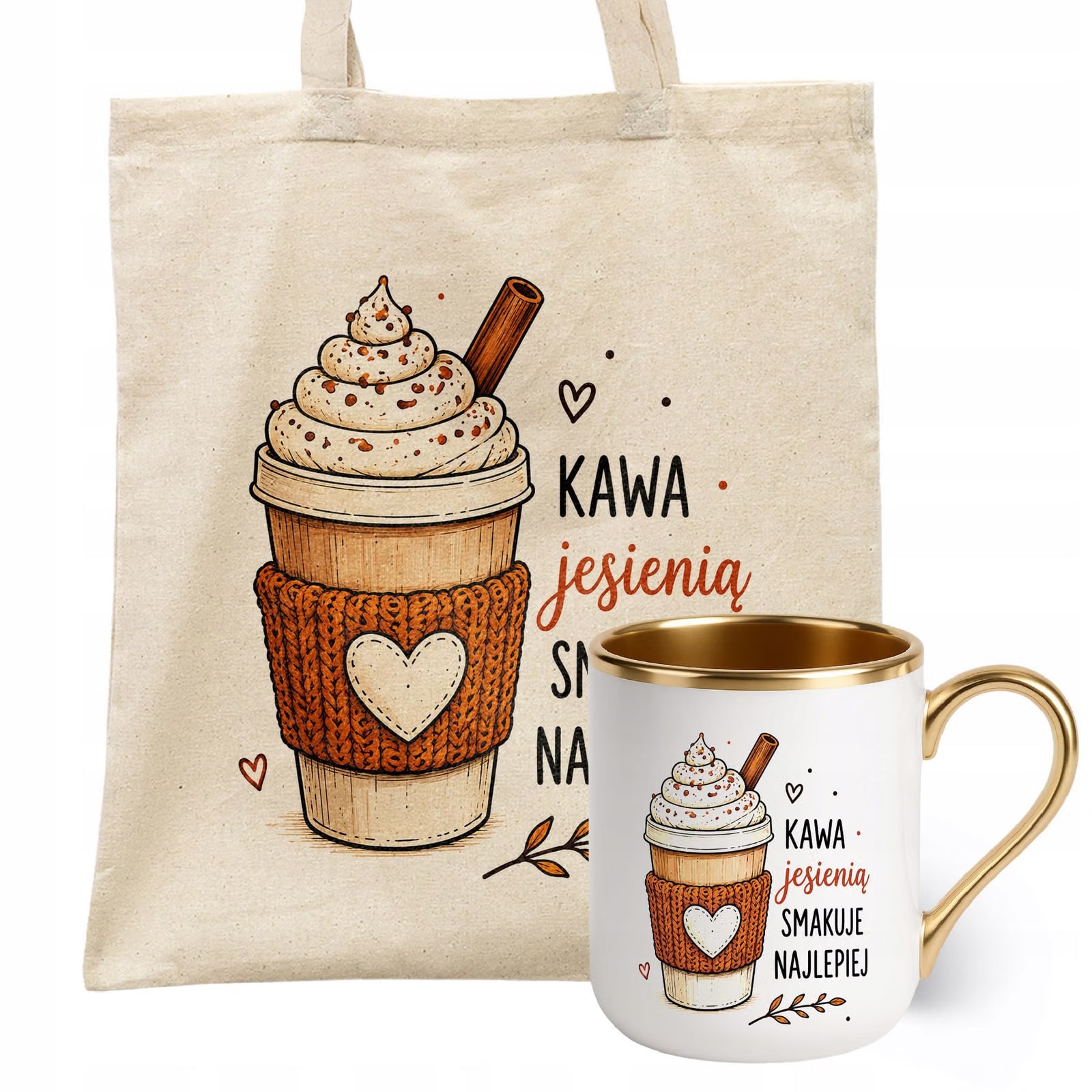 Zestaw Kubek Premium Złoty Torba Shopper Ecru Z Nadrukiem Jesień