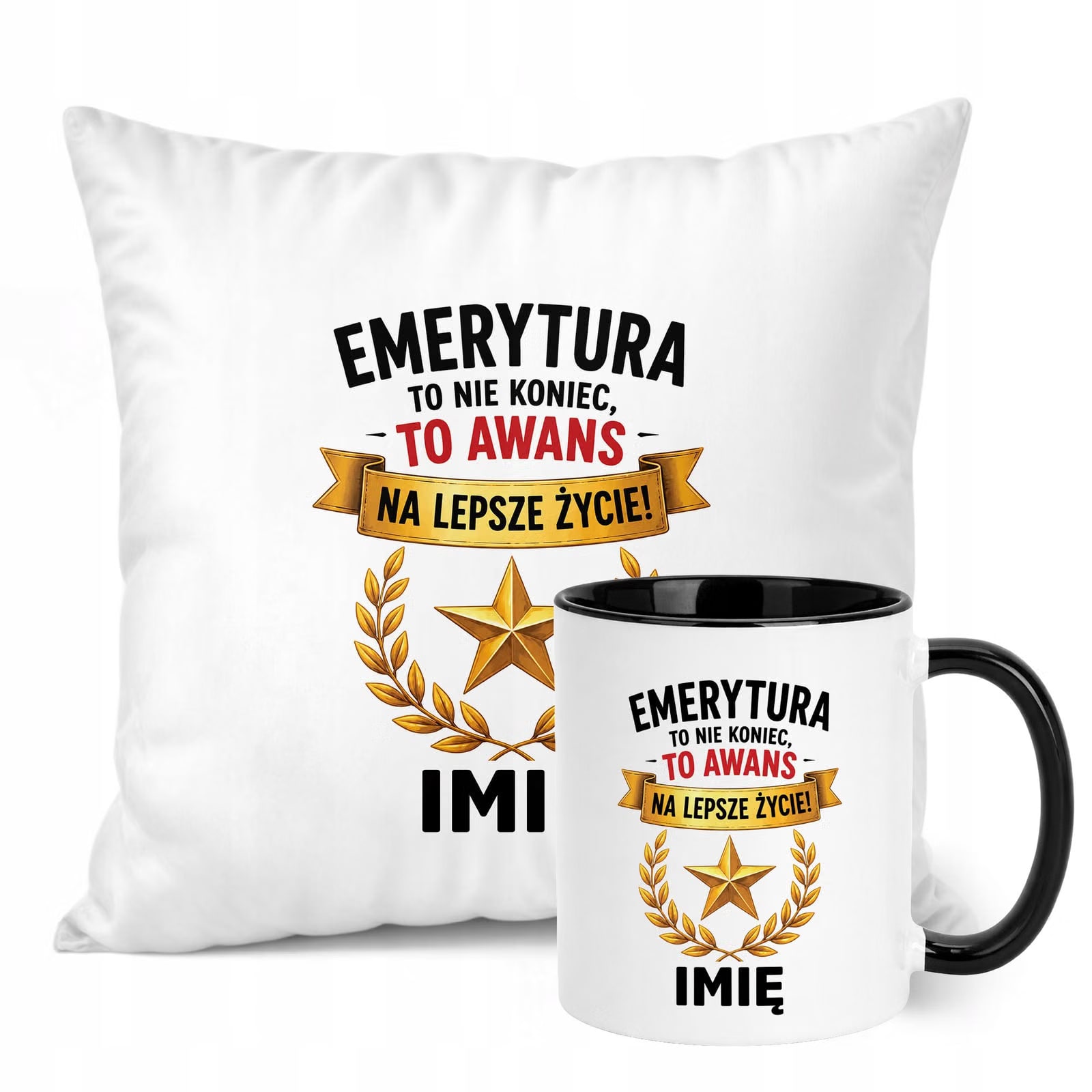 Zestaw Personalizowany Kubek Czarny Poduszka Emerytura Upominek Prezent