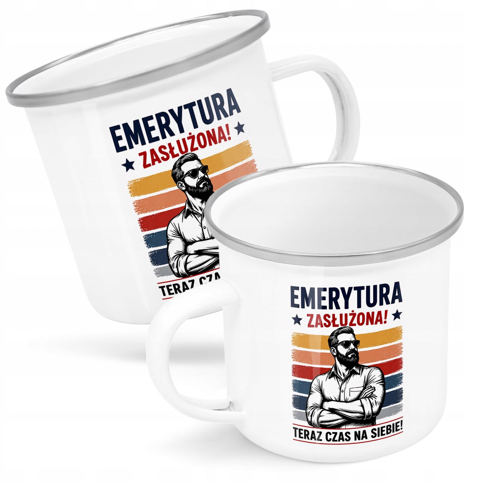 Kubek Emaliowany Emerytura Dla Emeryta z Nadrukiem Biały Metalowy Prezent