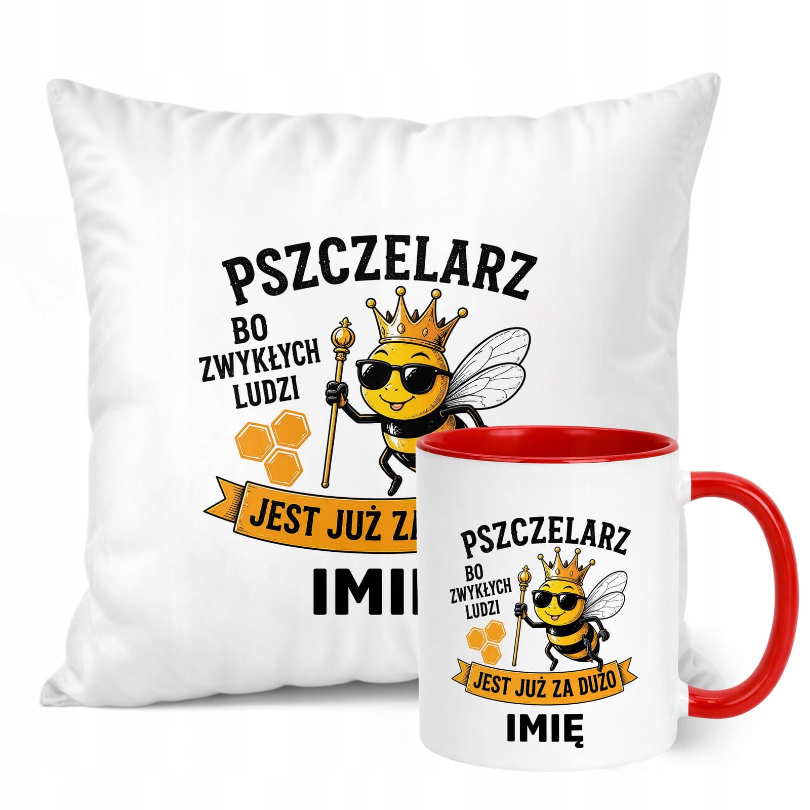 Zestaw Personalizowany Kubek Czerwony Poduszka Z Nadrukiem Dla Pszczelarza