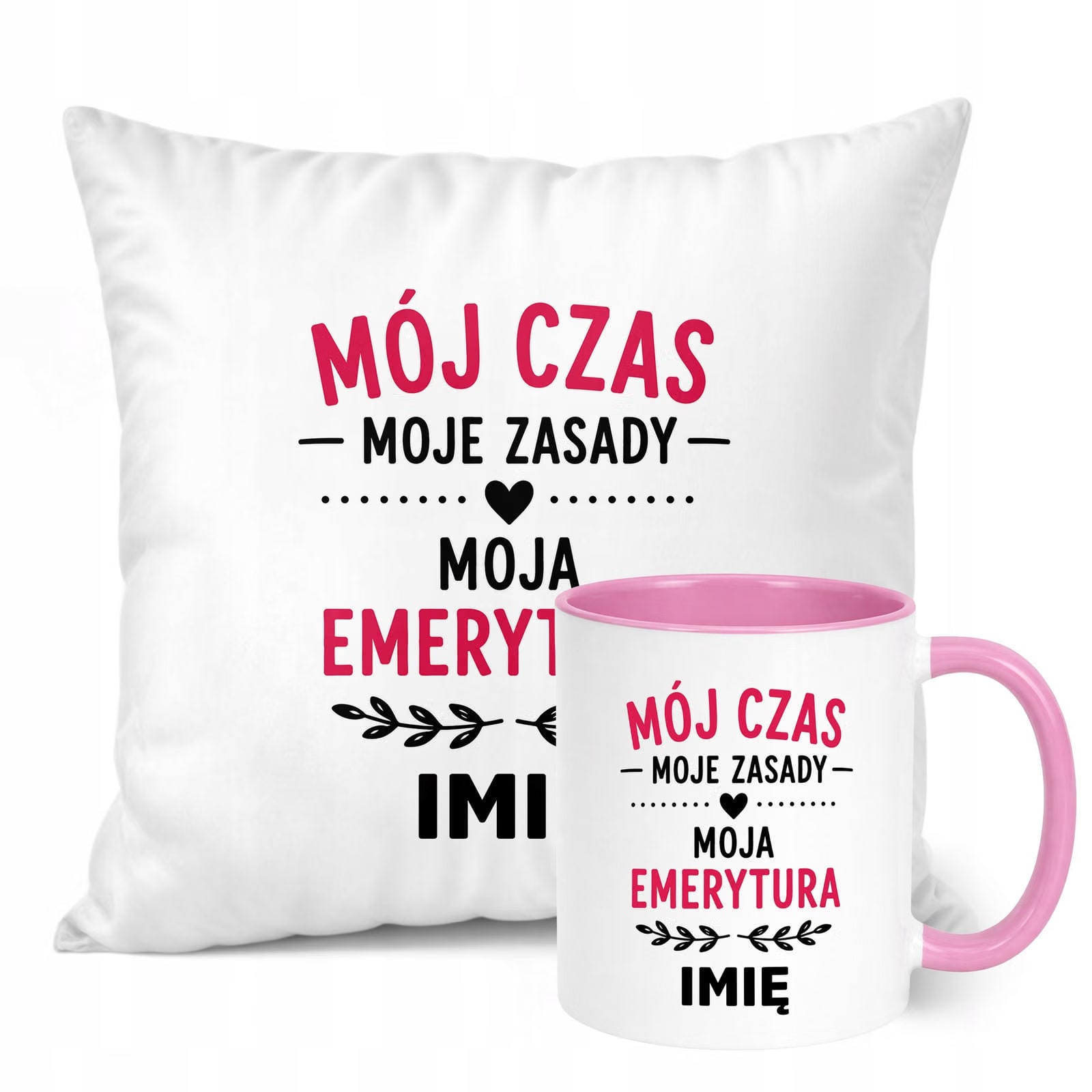 Zestaw Personalizowany Kubek Różowy Poduszka Emerytura Upominek Prezent