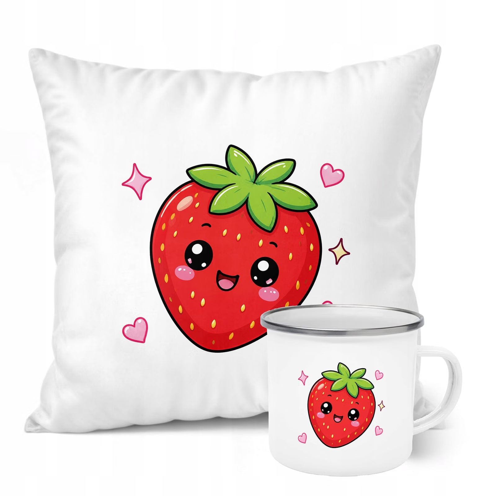 Zestaw Kubek Emaliowany Poduszka Z Nadrukiem Kawaii Truskawka Prezent