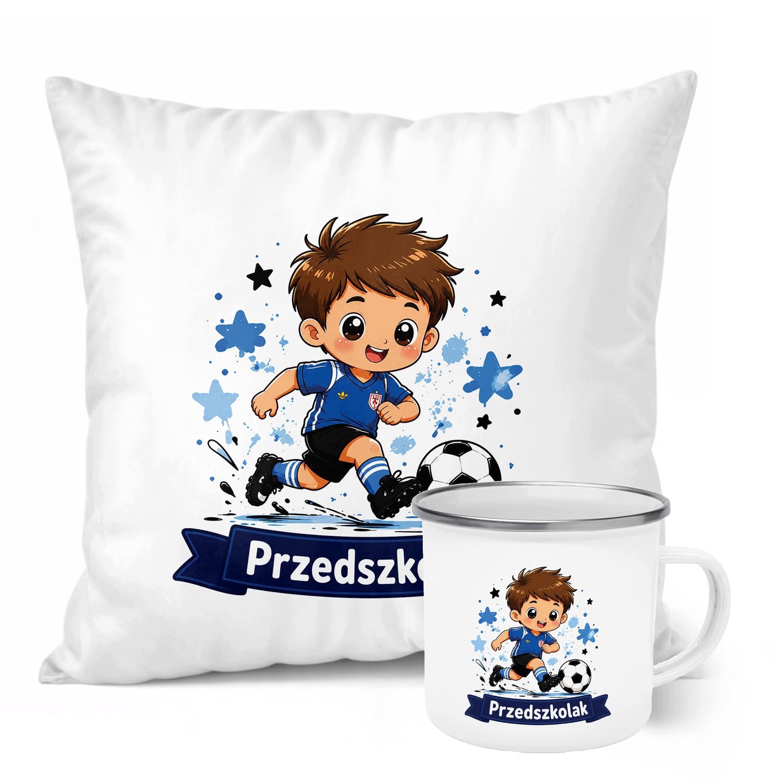 Zestaw Kubek Emaliowany Poduszka Z Nadrukiem Przedszkolak Szkoła Prezent
