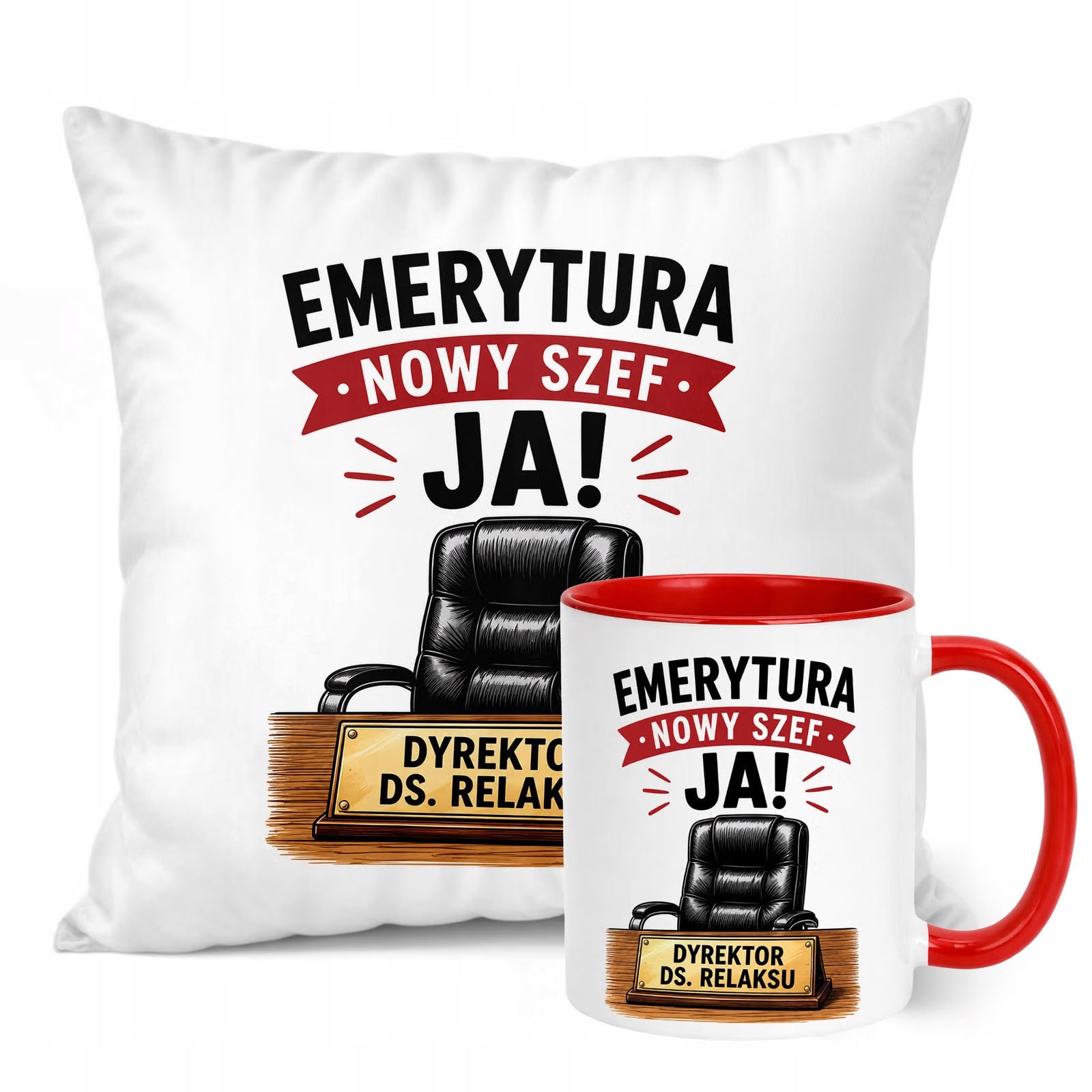 Zestaw Kubek Czerwony Poduszka Z Nadrukiem Emeryture Dla Emeryta Prezent