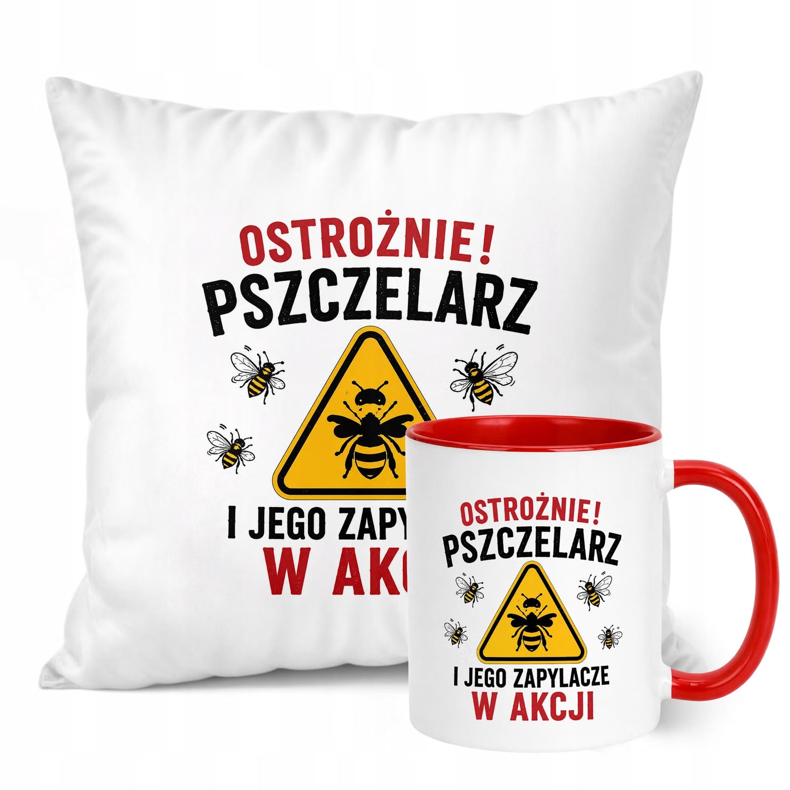 Zestaw Kubek Czerwony Poduszka Z Nadrukiem Dla Pszczelarza Prezent