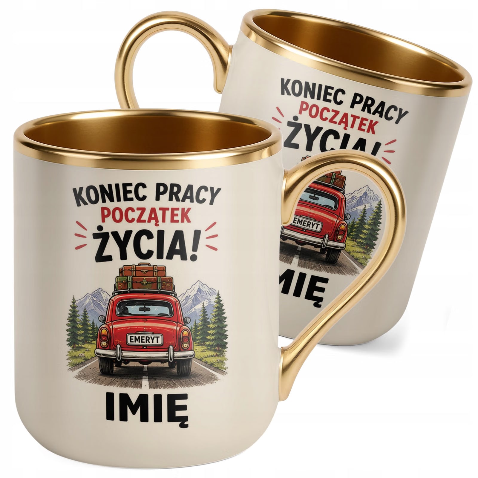 Kubek Personalizowany z nadrukiem Premium Złoty Ecru Emerytura Prezent