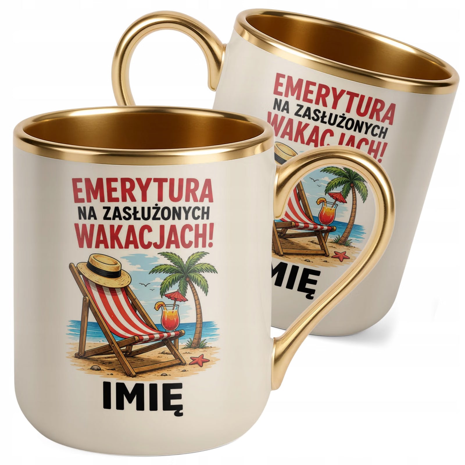 Kubek Personalizowany z nadrukiem Premium Złoty Ecru Emerytura Prezent
