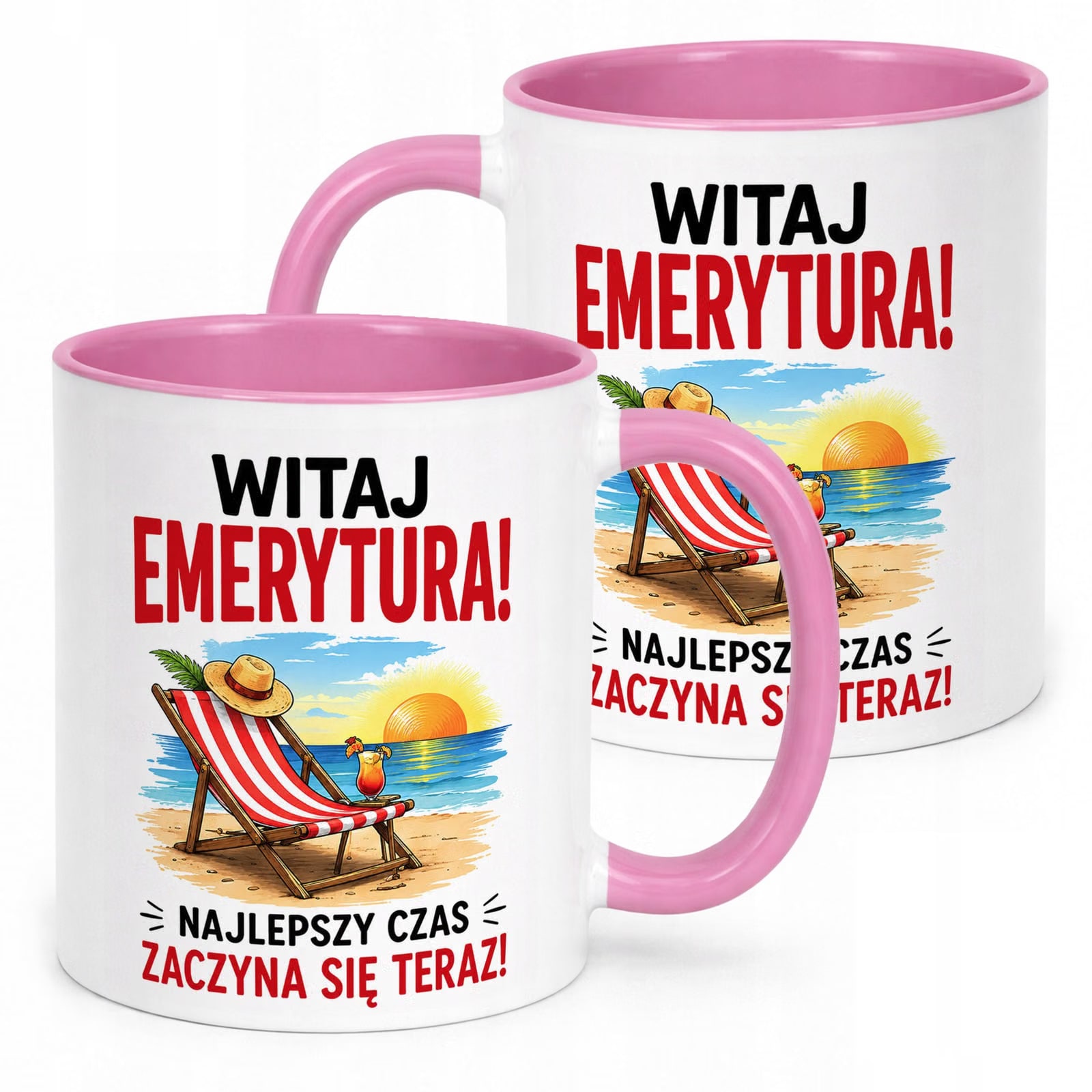 Kubek Różowy z nadrukiem Emerytura Dla Emeryta Emerytki Upominek Prezent