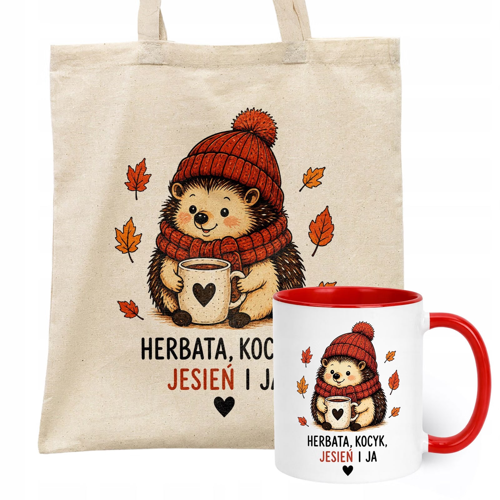 Zestaw Kubek Czerwony Torba Shopper Ecru Z Nadrukiem Jesień Jesienny