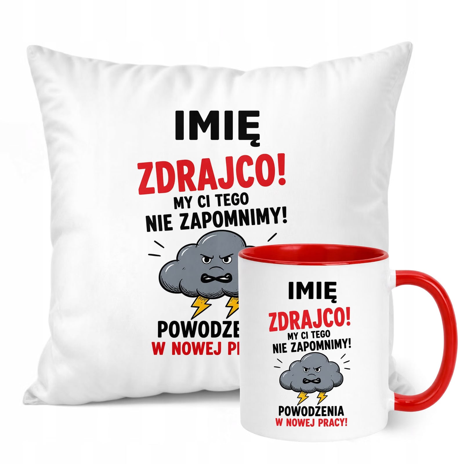 Zestaw Personalizowany Kubek Czerwony Poduszka Odejście z Pracy Prezent