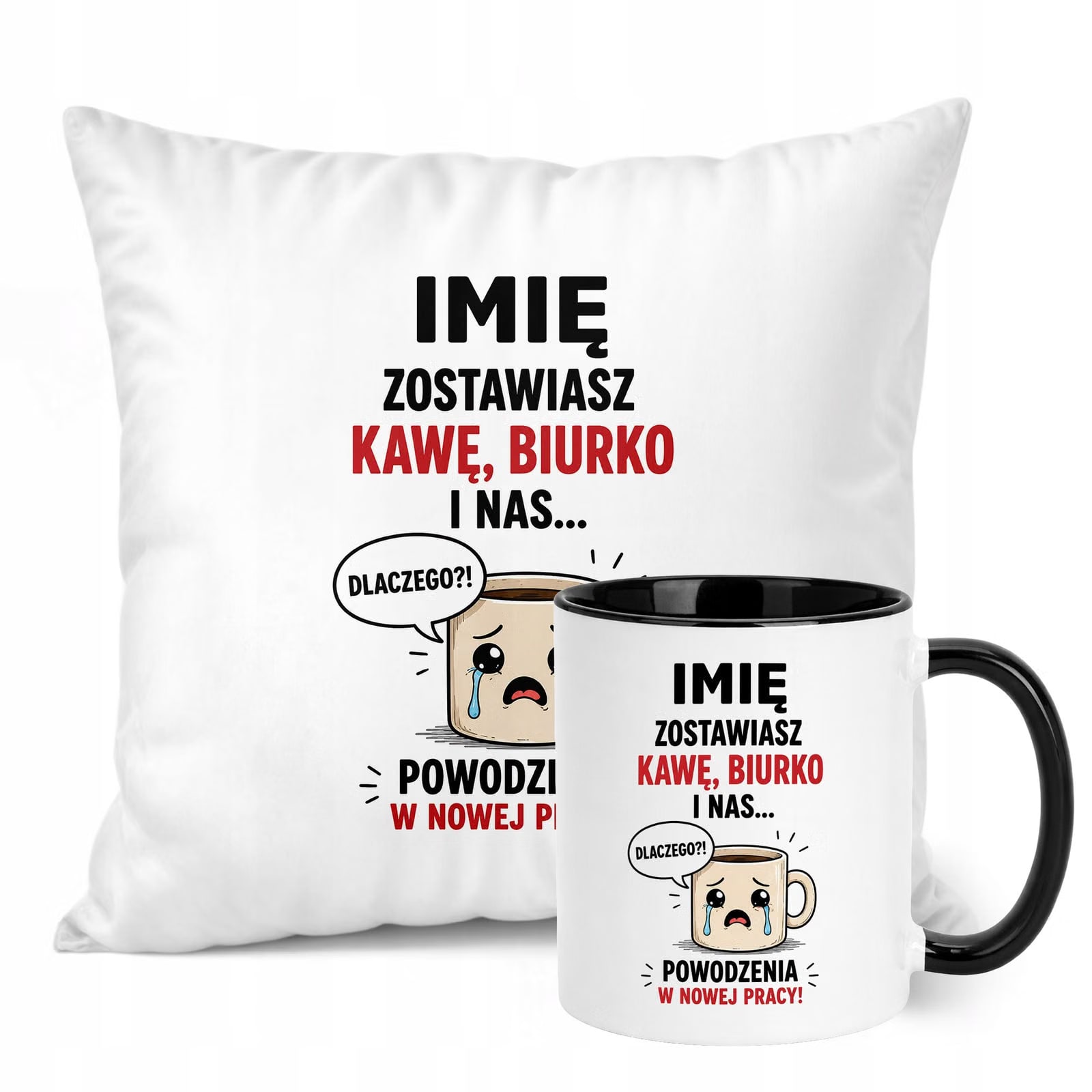 Zestaw Personalizowany Kubek Czarny Poduszka Odejście z Pracy Prezent