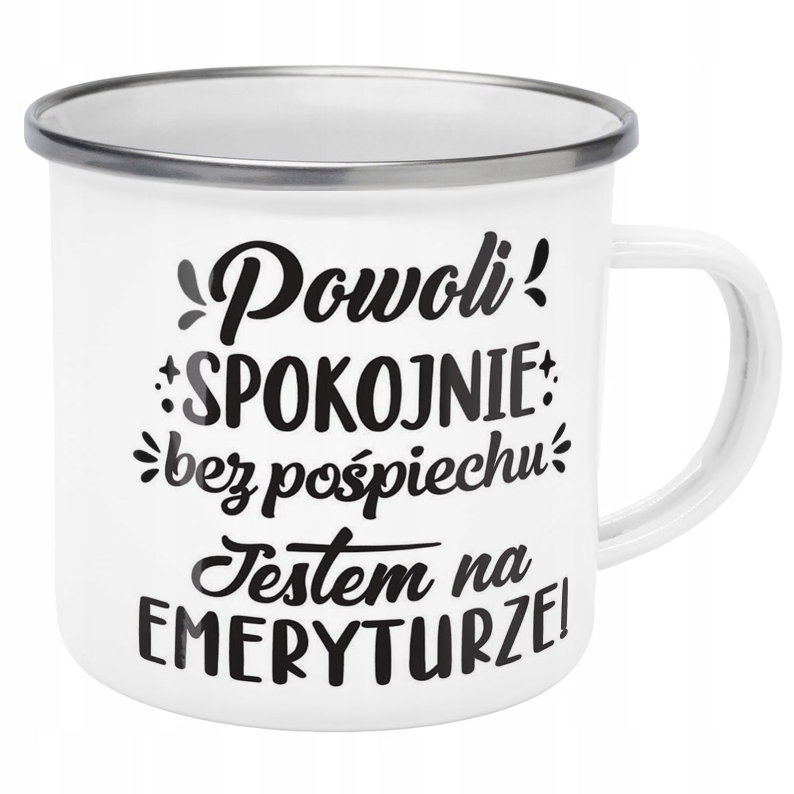 Kubek Emaliowany z okazji Emerytury Dla Emeryta z Nadrukiem Biały Metalowy