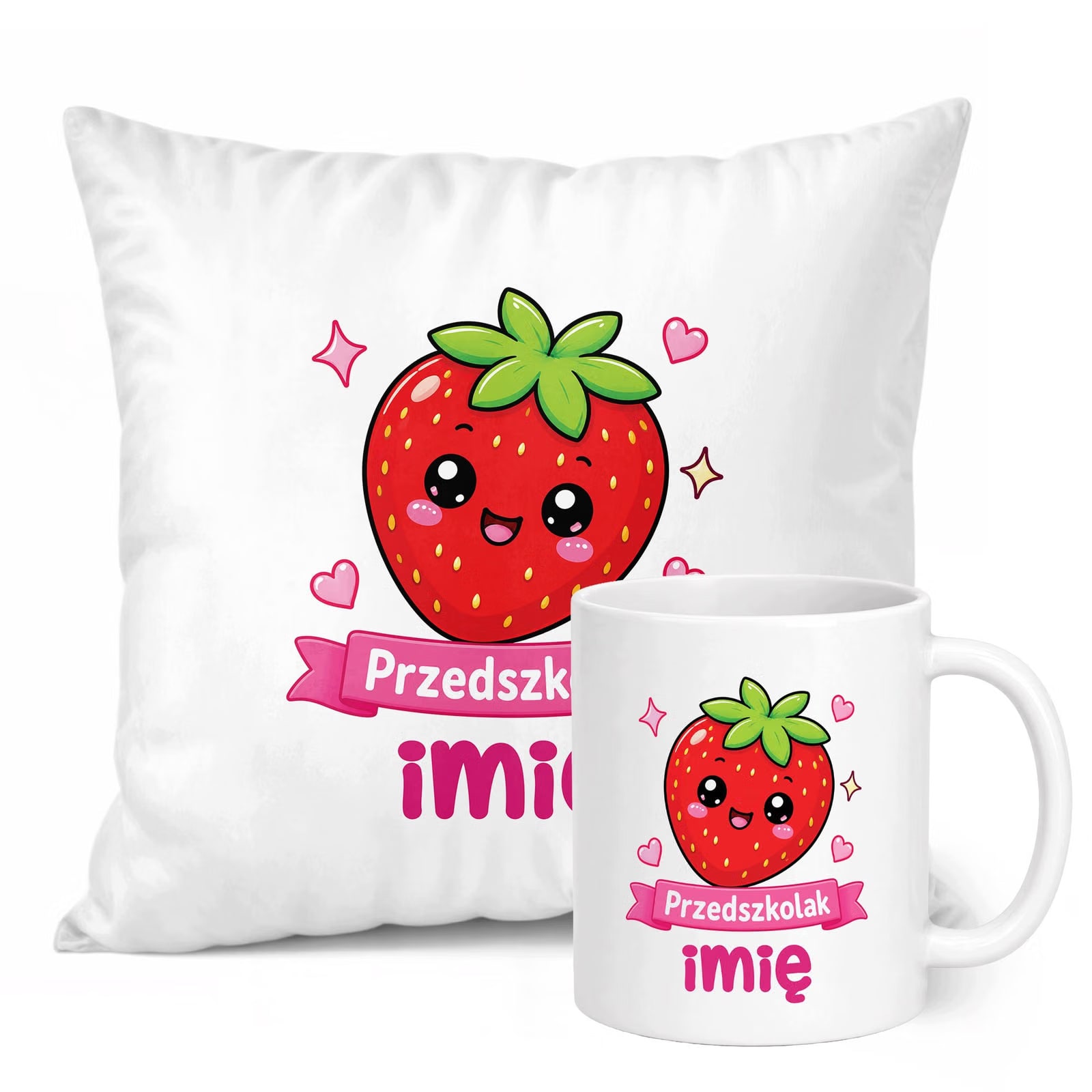 Zestaw Personalizowany Kubek Biały Poduszka Przedszkolak Truskawka