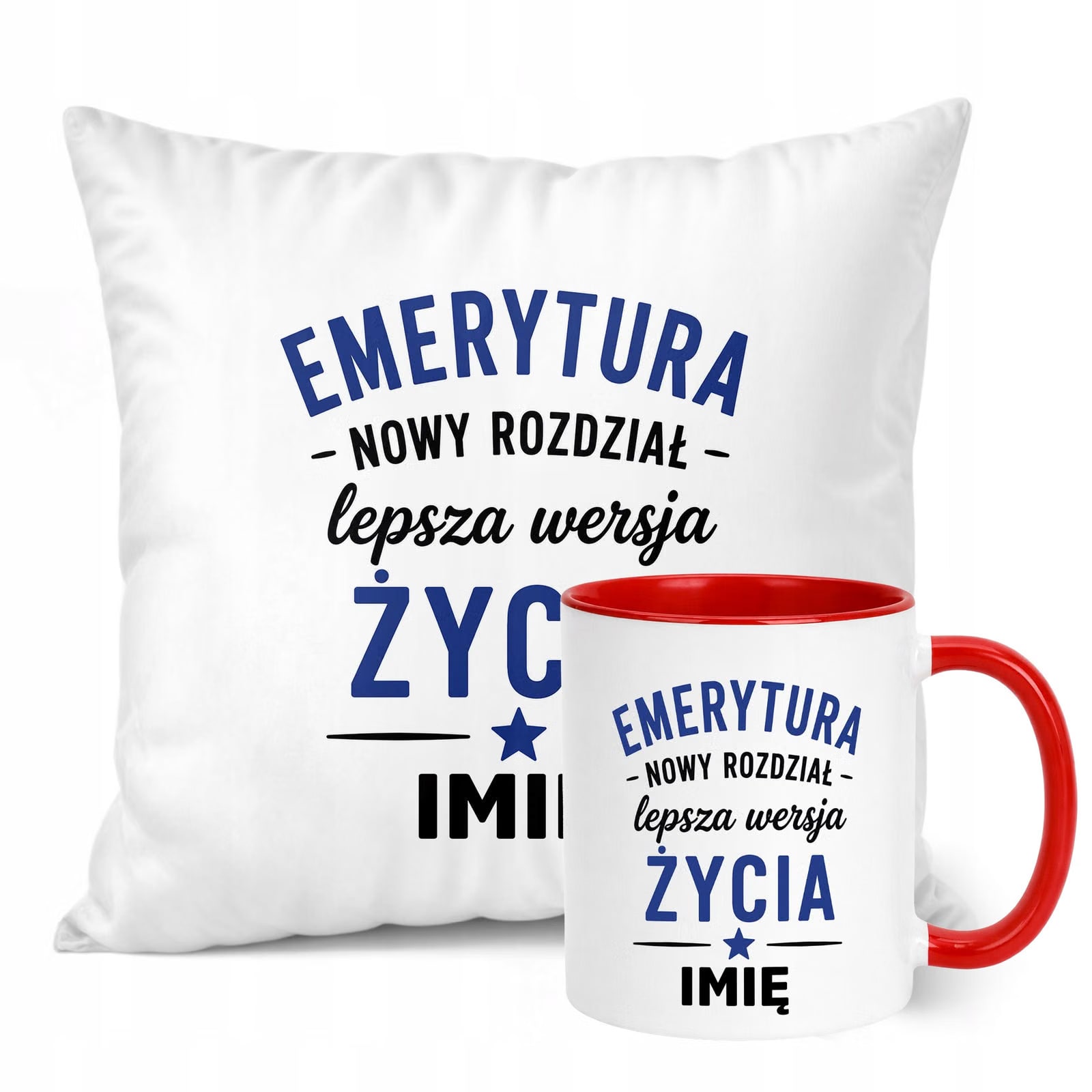 Zestaw Personalizowany Kubek Czerwony Poduszka Emerytura Upominek Prezent